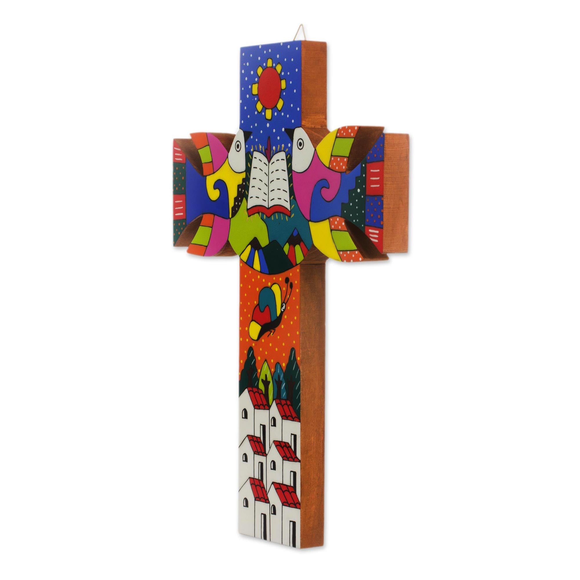 Premium Hand-Painted Pinewood Wall Cross with Sacred Book Design from El Salvador