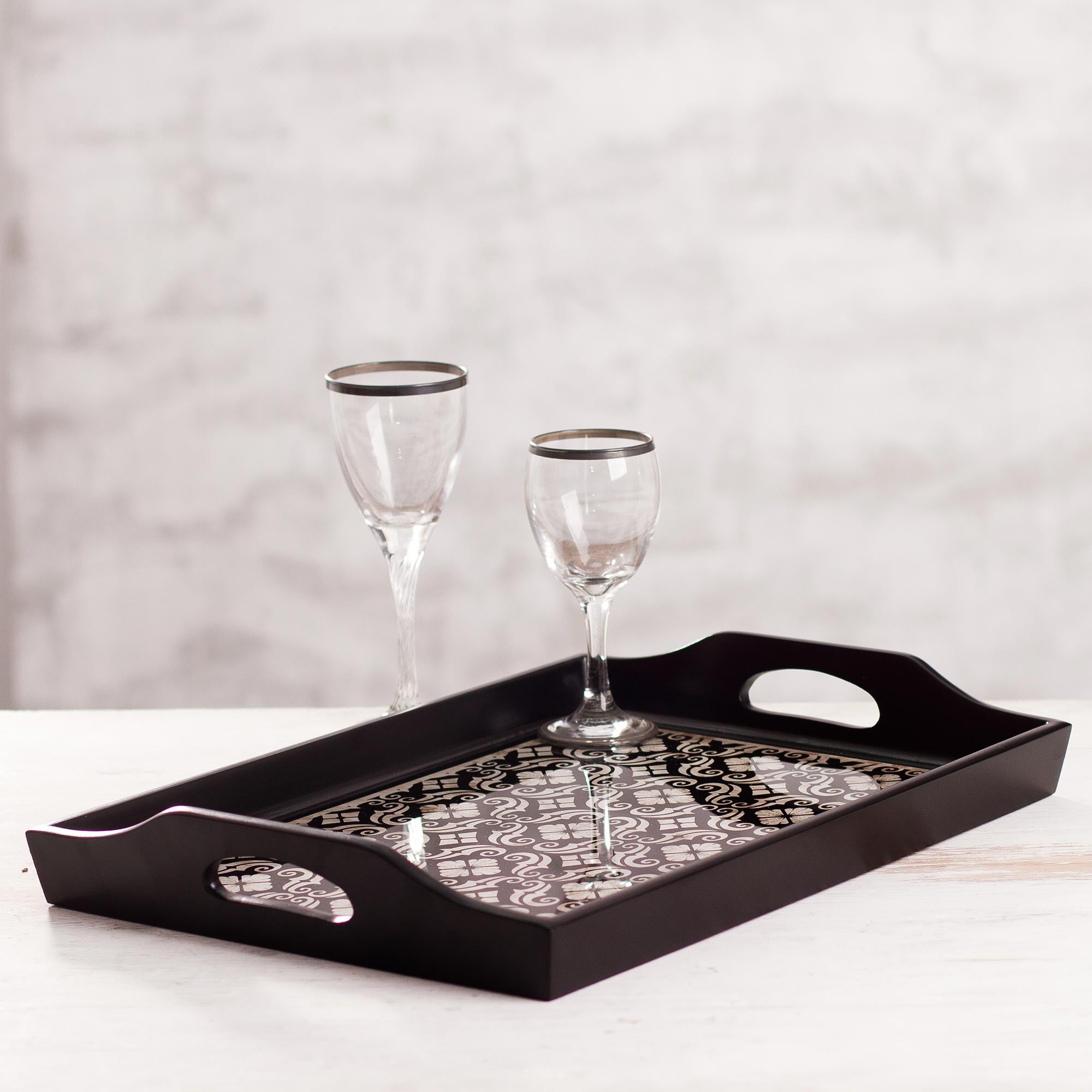 Premium Floral Muse Handmade Reverse Painted Glass Serving Tray - Black