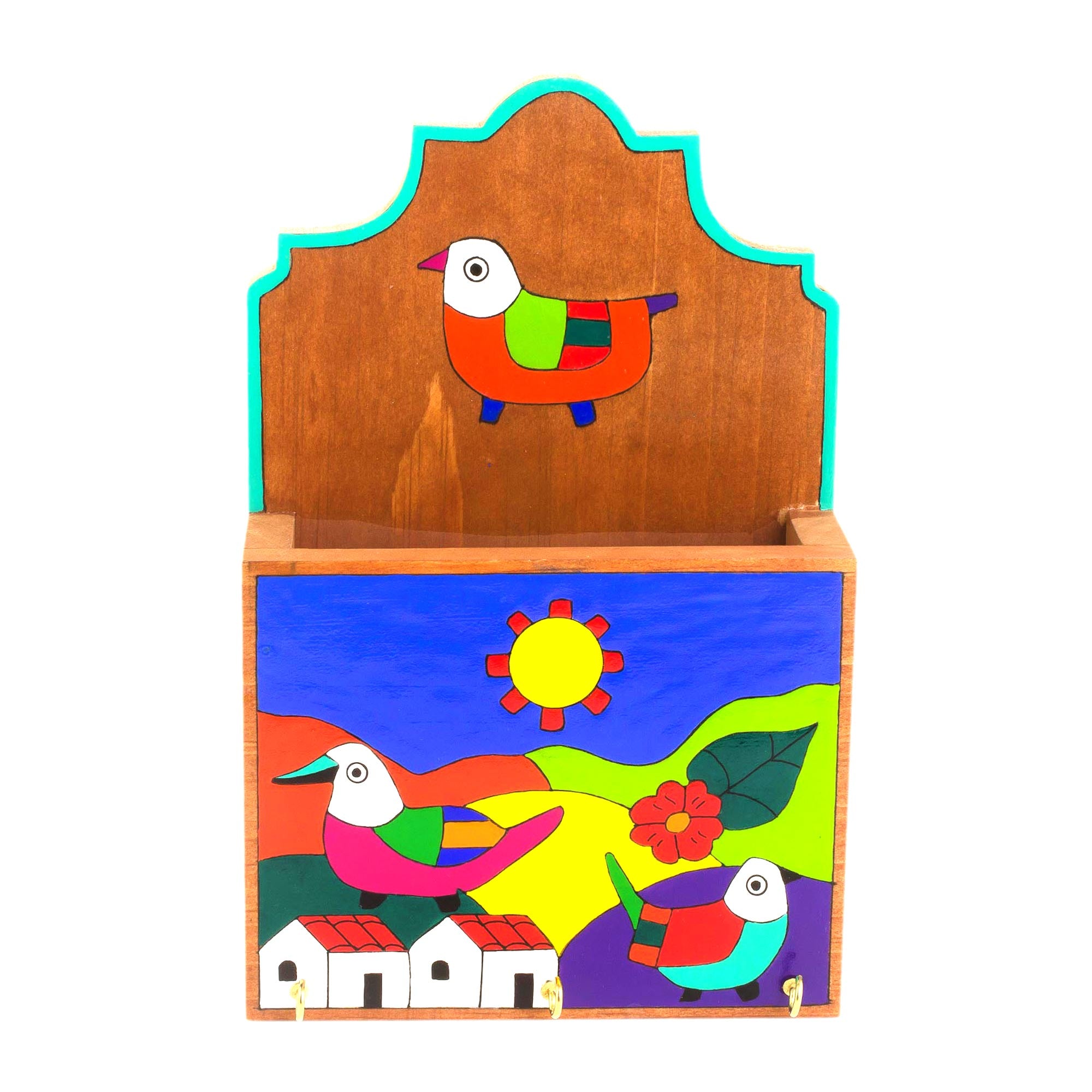Premium Handcrafted Pinewood Letter & Key Holder with Colorful Birds Design