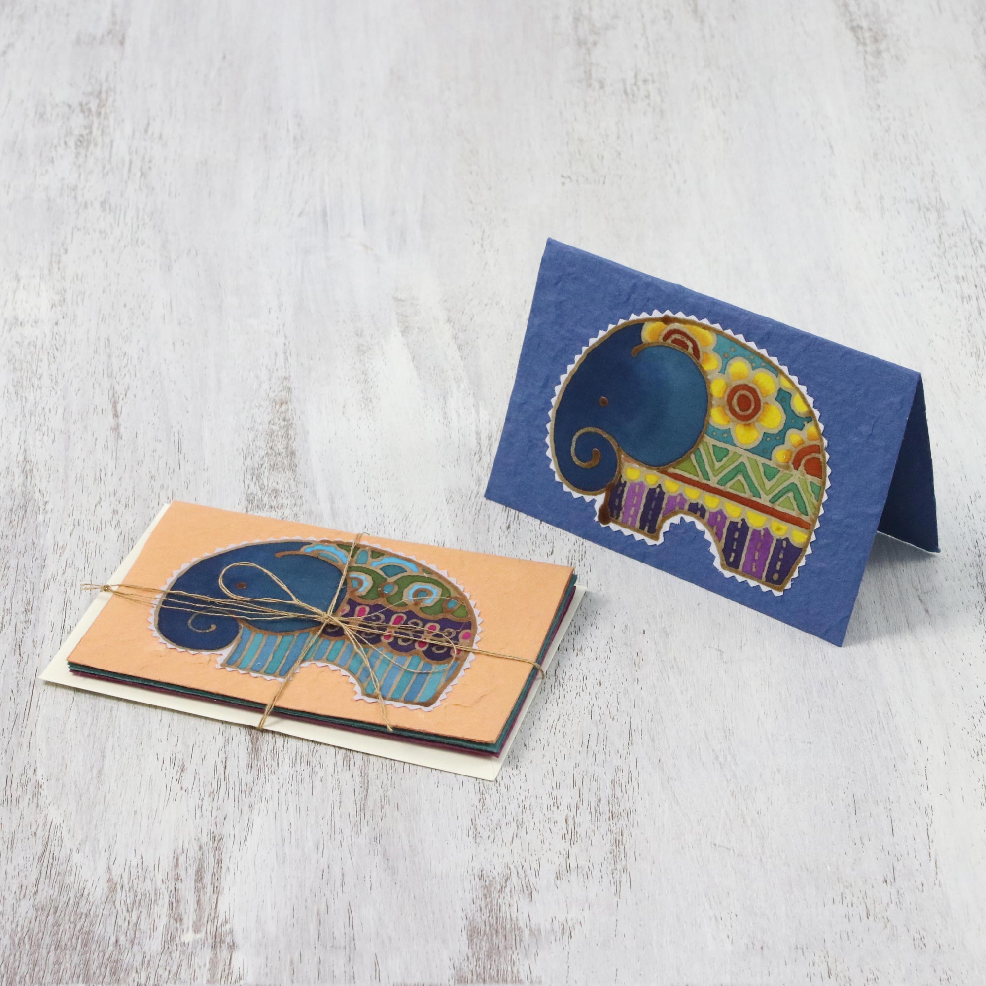 Premium Batik Elephant Greeting Cards - Set of 4 Handcrafted Cotton & Mulberry Paper Designs