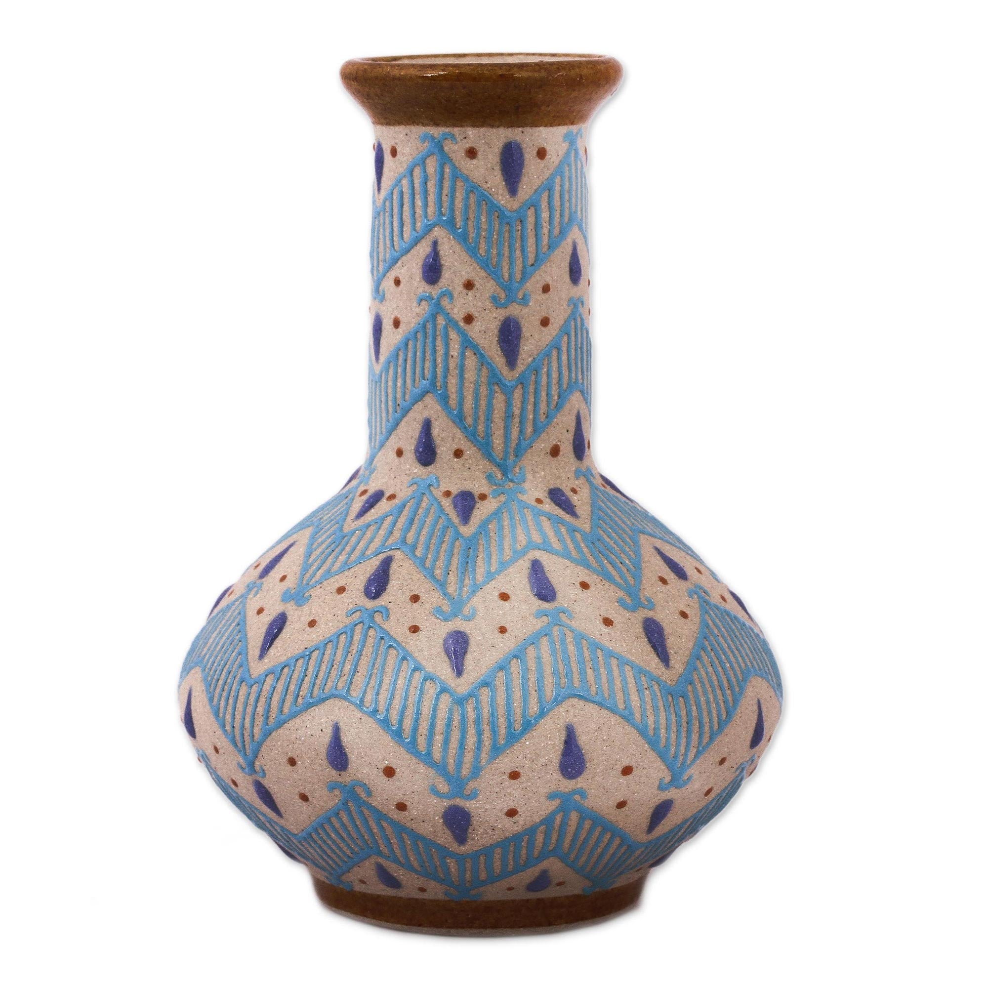 Premium Handcrafted Talavera Ceramic Vase - Blue & Ivory Chevron Design