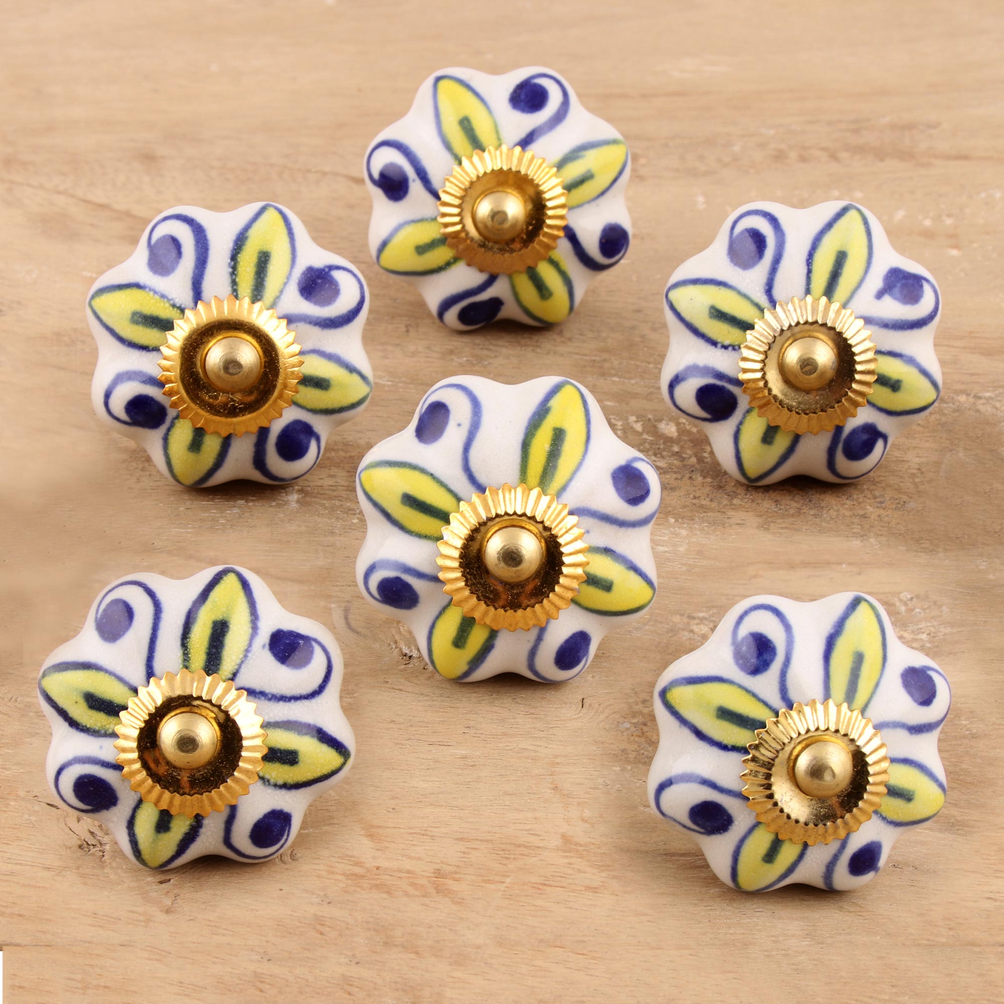 Premium Handcrafted Ceramic Cabinet Knobs - Floral Yellow & White Set of 6