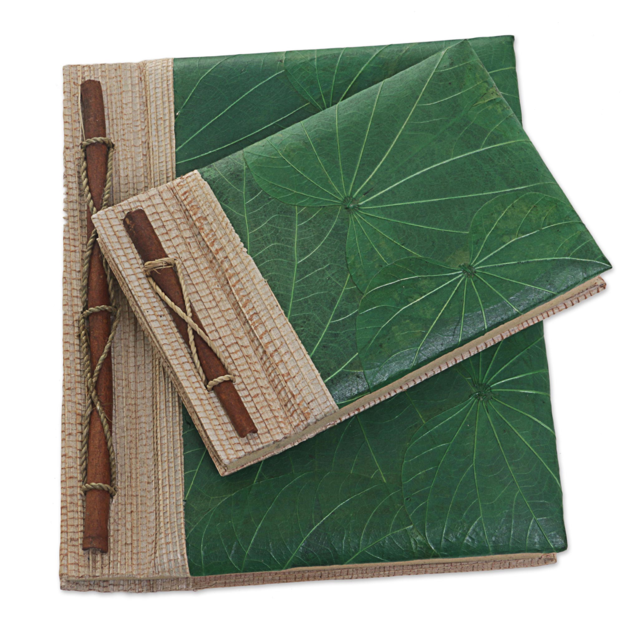 Premium Handcrafted Green Autumn Spirit Rice Paper Notebooks - Eco-Friendly Pair from Indonesia