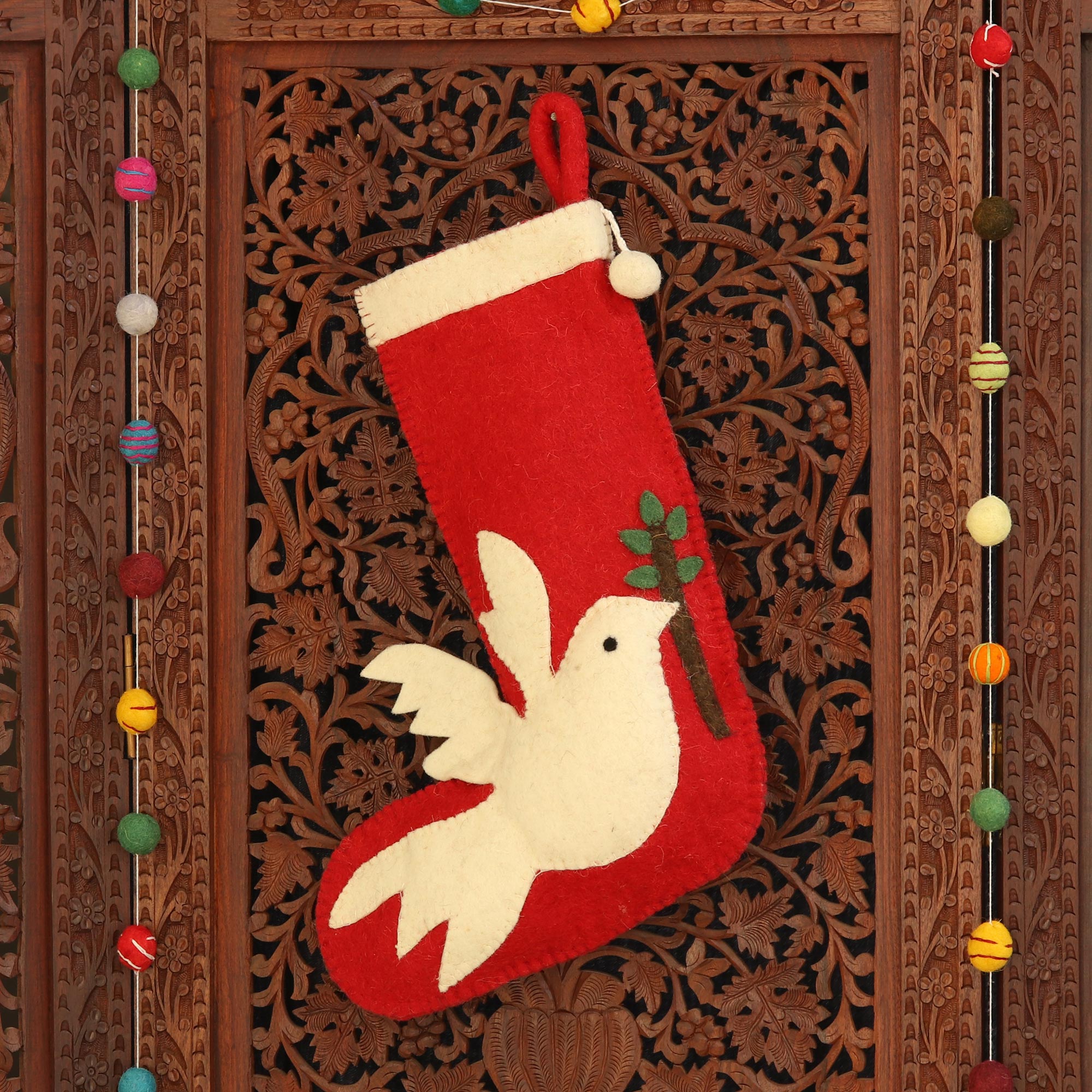 Premium Peace Dove Holiday Stocking - Handcrafted Red Wool with Dove Motif