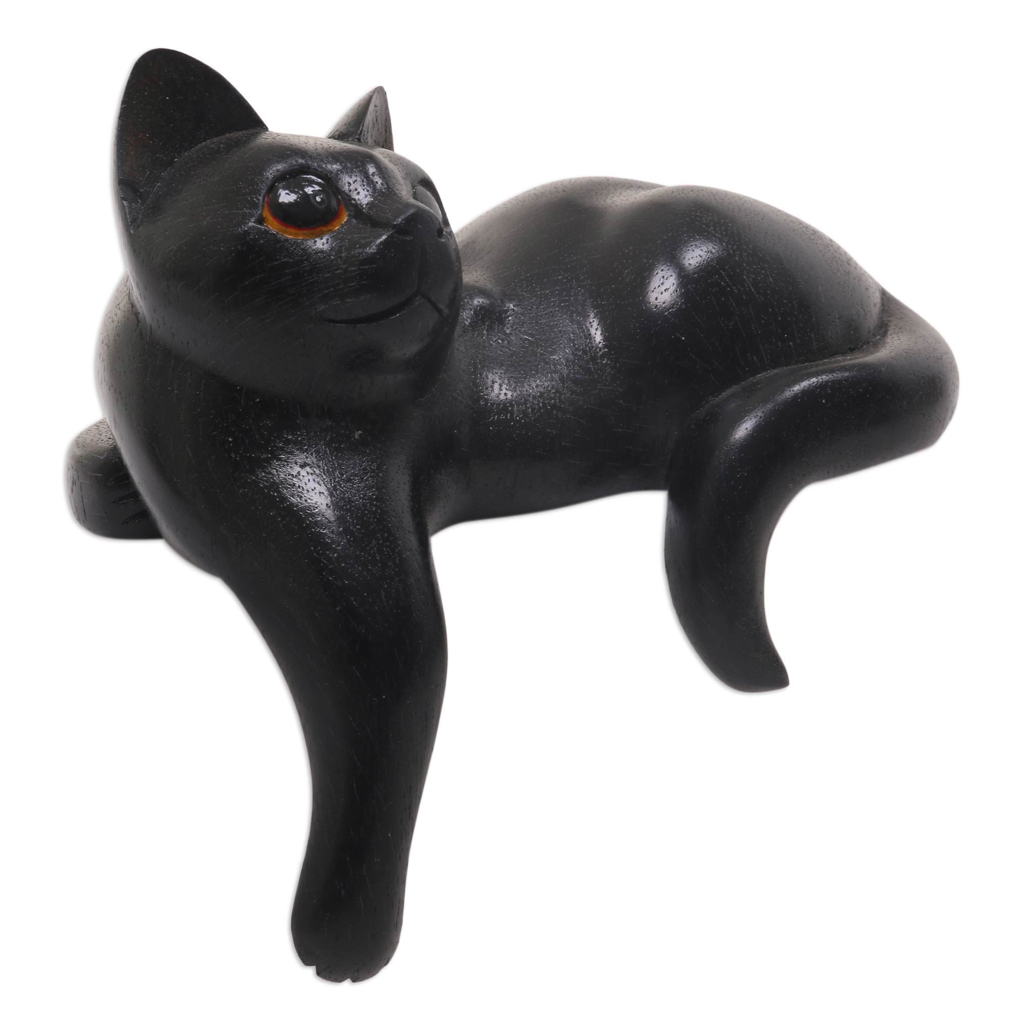 Premium Watchful Black Cat Hand-Carved Wooden Sculpture with Elegant Black Finish