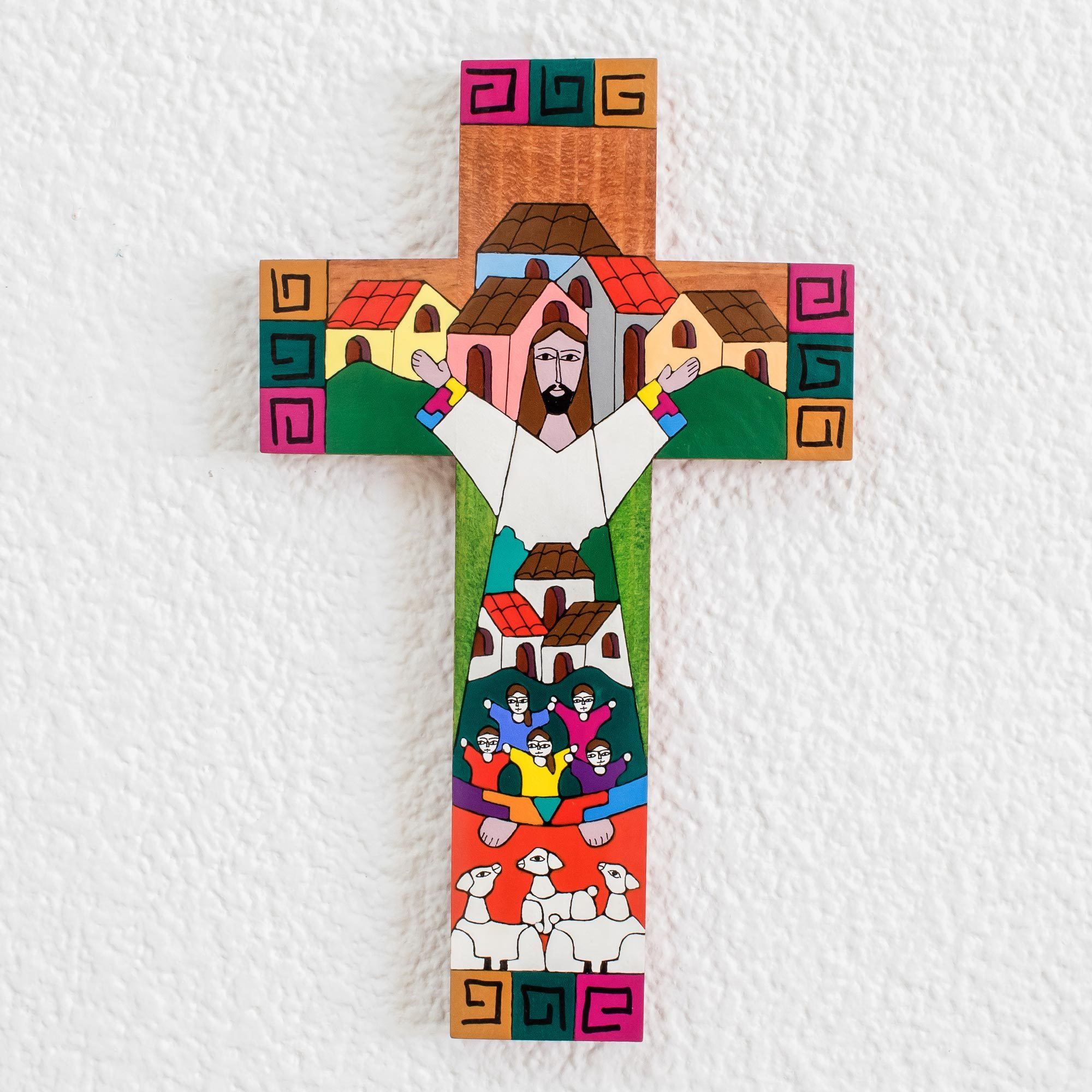 Premium Hand-Painted Pinewood Cross - Community of Love Collection