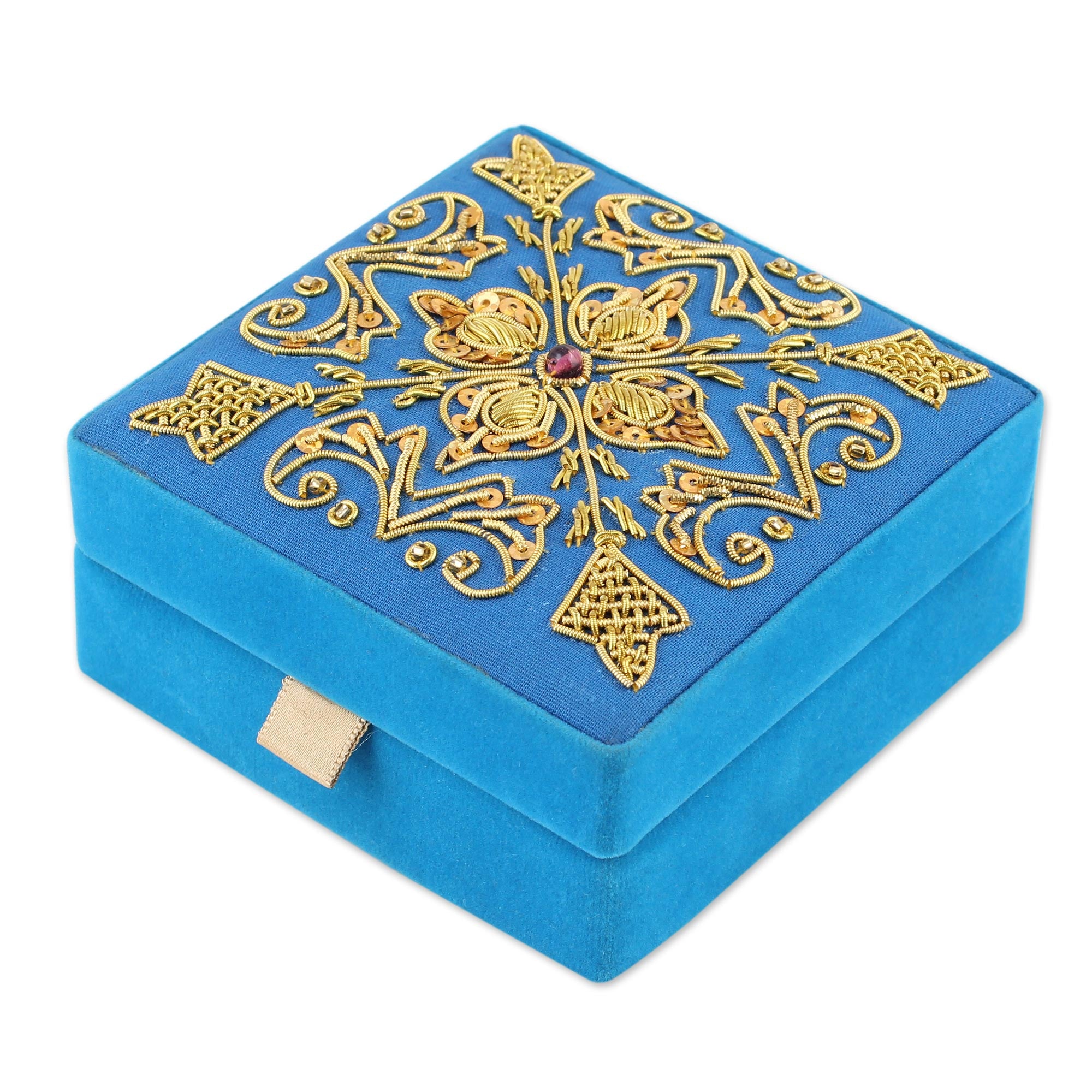 Premium Royal Sky Blue Embroidered Wood Box - Handcrafted in India