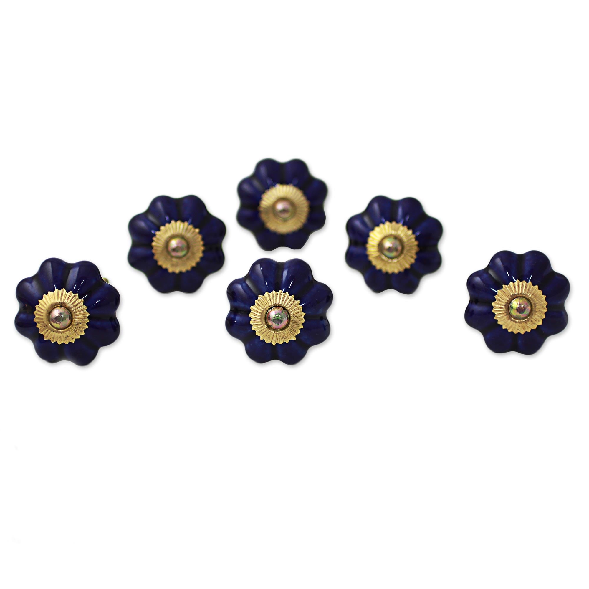 Premium Handmade Indigo Floral Ceramic Cabinet Knobs - Set of 6 (India Crafted)