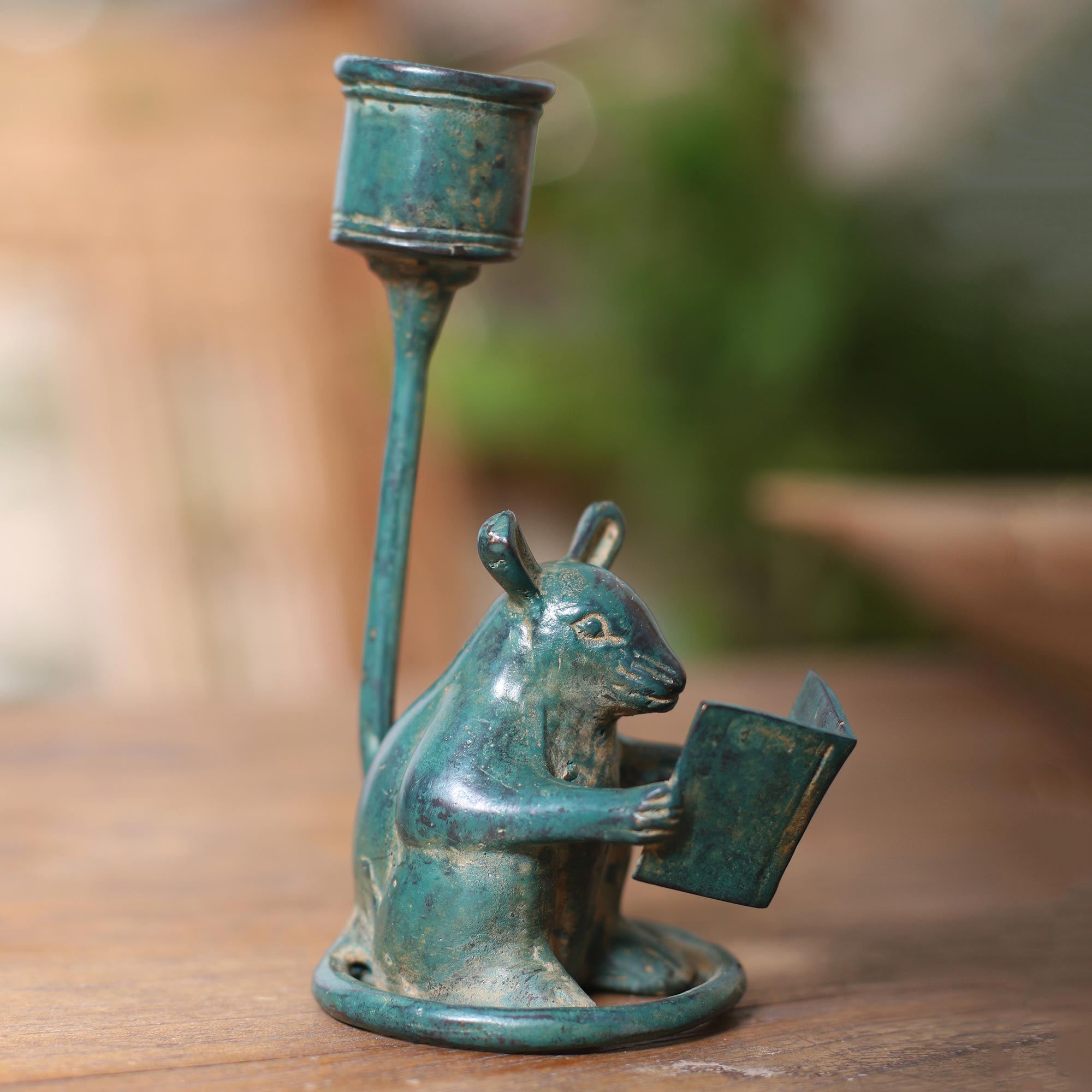 Premium Antiqued Bronze Reading Mouse Figurine - Whimsical Bali Art Piece