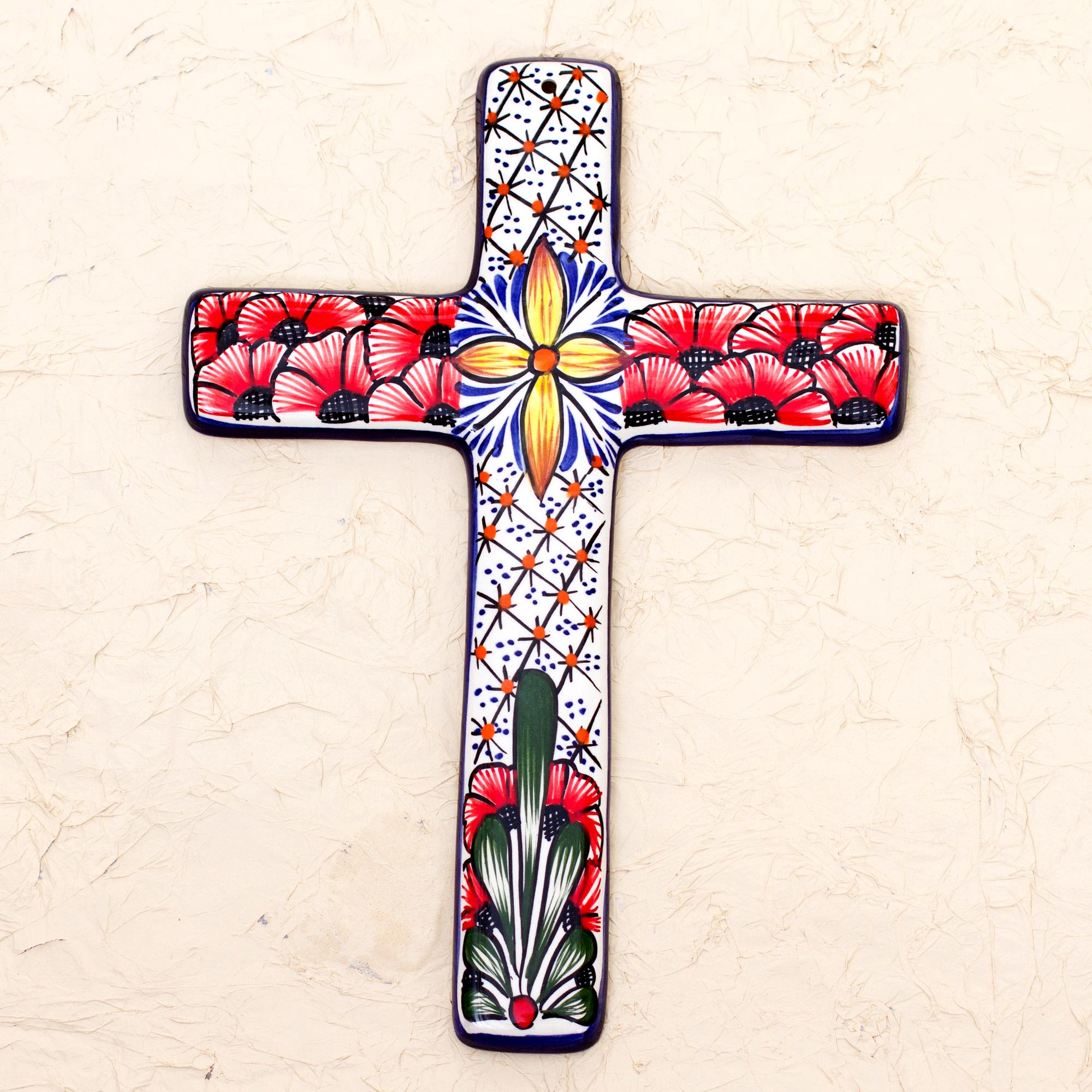 Premium Handcrafted Mexican Ceramic Wall Cross - Floral Motif Design