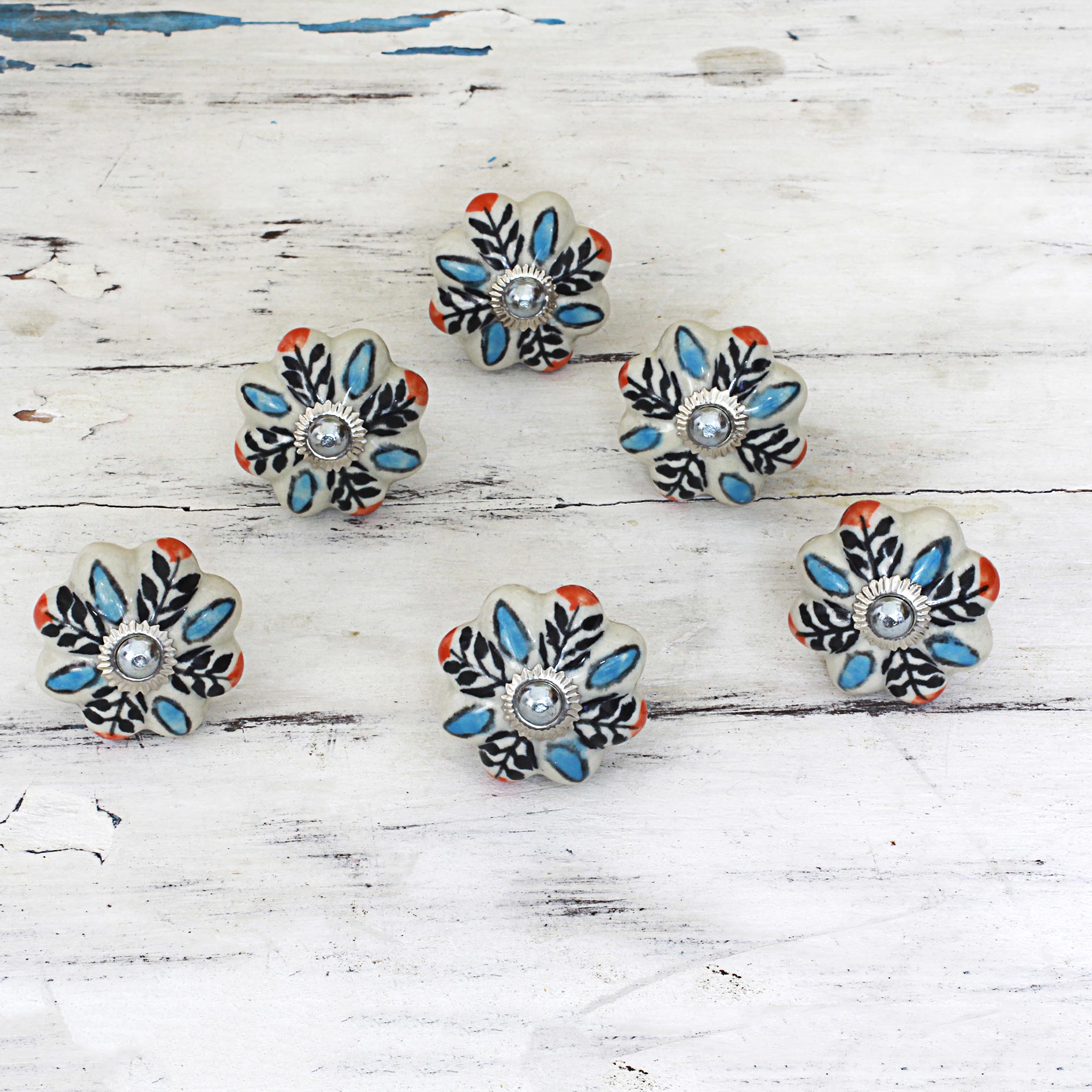 Premium Multicolored Floral Ceramic Cabinet Knobs - Handcrafted in India (Set of 6)