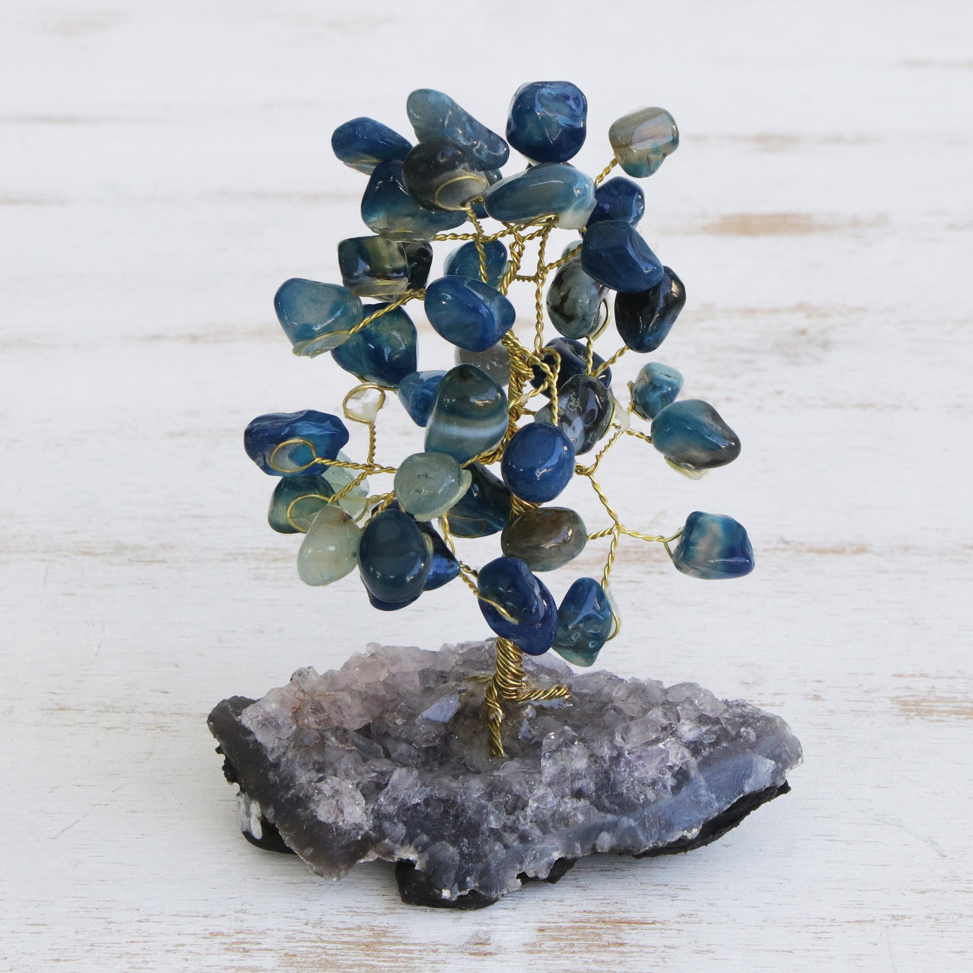 Premium Blue Agate Gemstone Tree with Amethyst Base - Ultimate Calming Decor