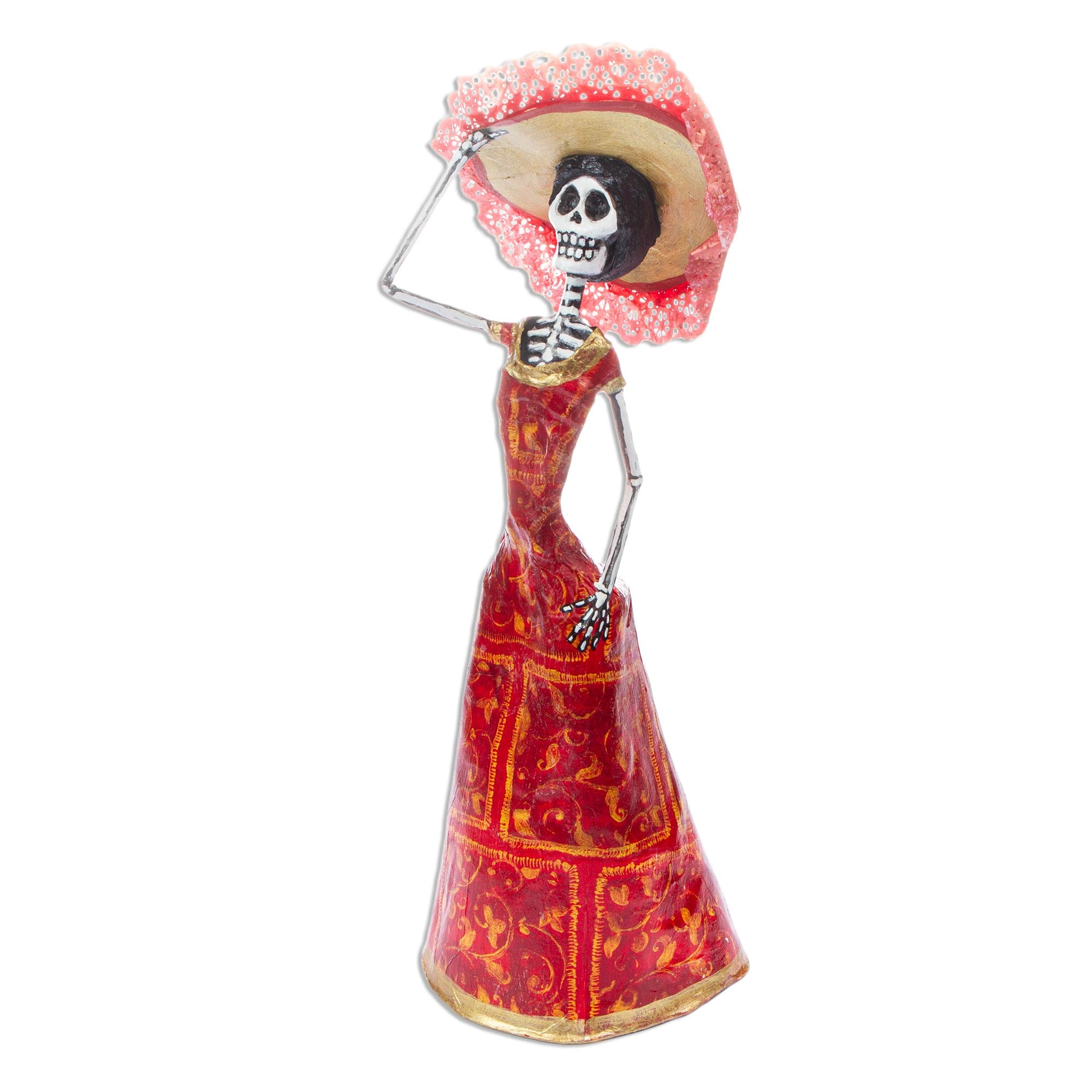 Premium Handcrafted La Catrina Sculpture - Red Papier Mâché Art Piece