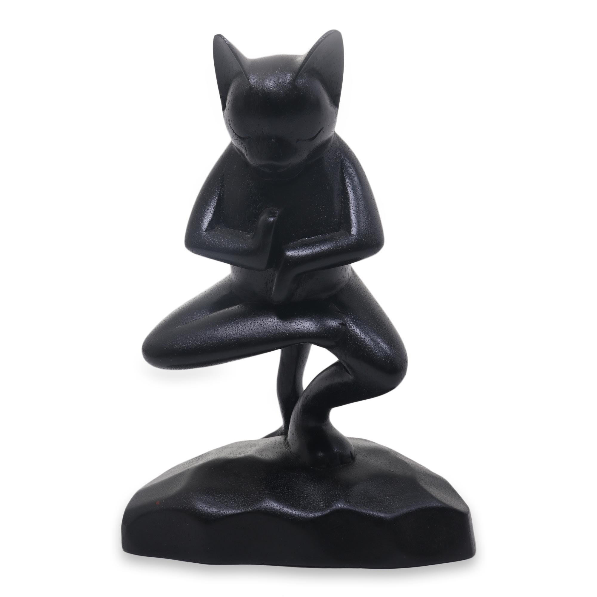 Premium Black Cat Yoga Sculpture - Handcrafted Suar Wood Art