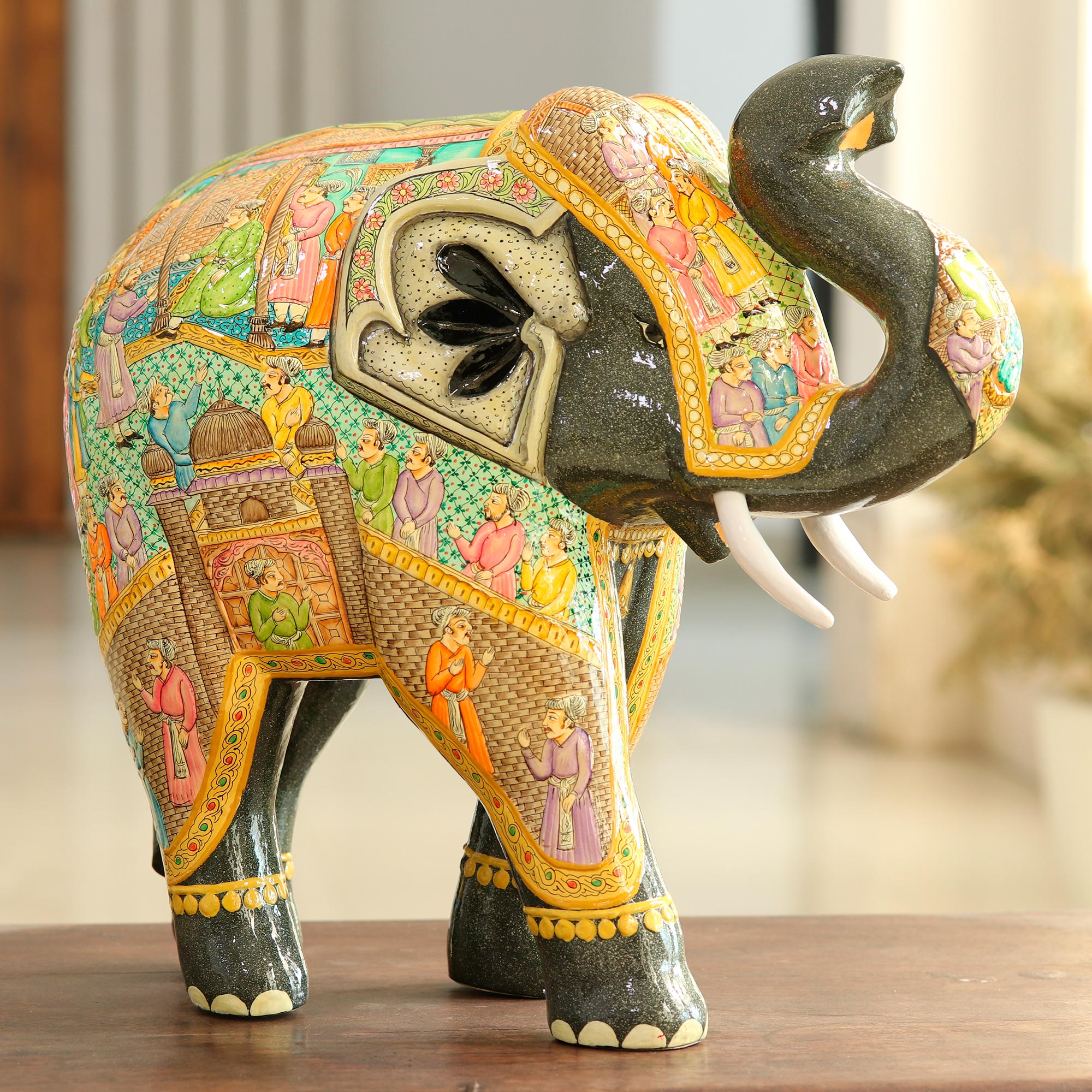 Premium Mughal Elephant Sculpture - Hand Painted Papier Mache Art Piece (14 Inch)