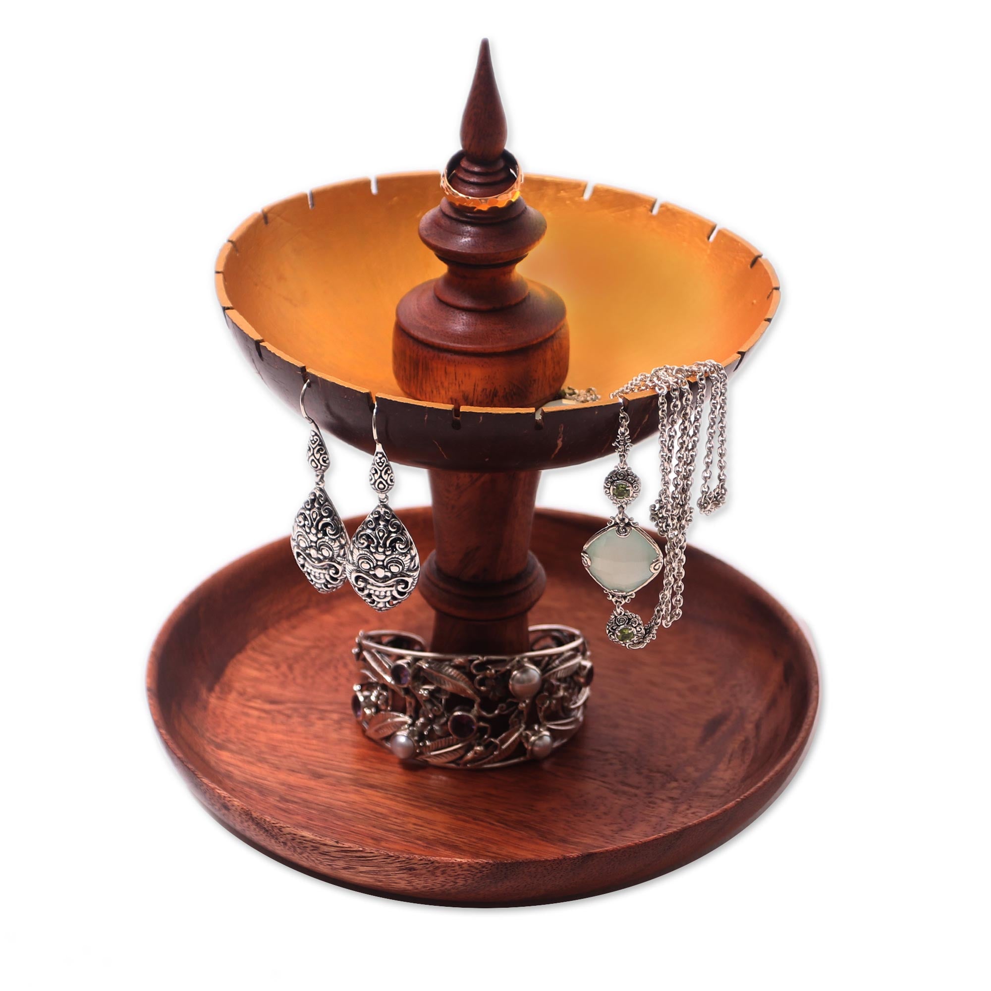 Premium Golden Fountain Jewelry Stand - Handcrafted Suar Wood & Coconut Shell from Bali