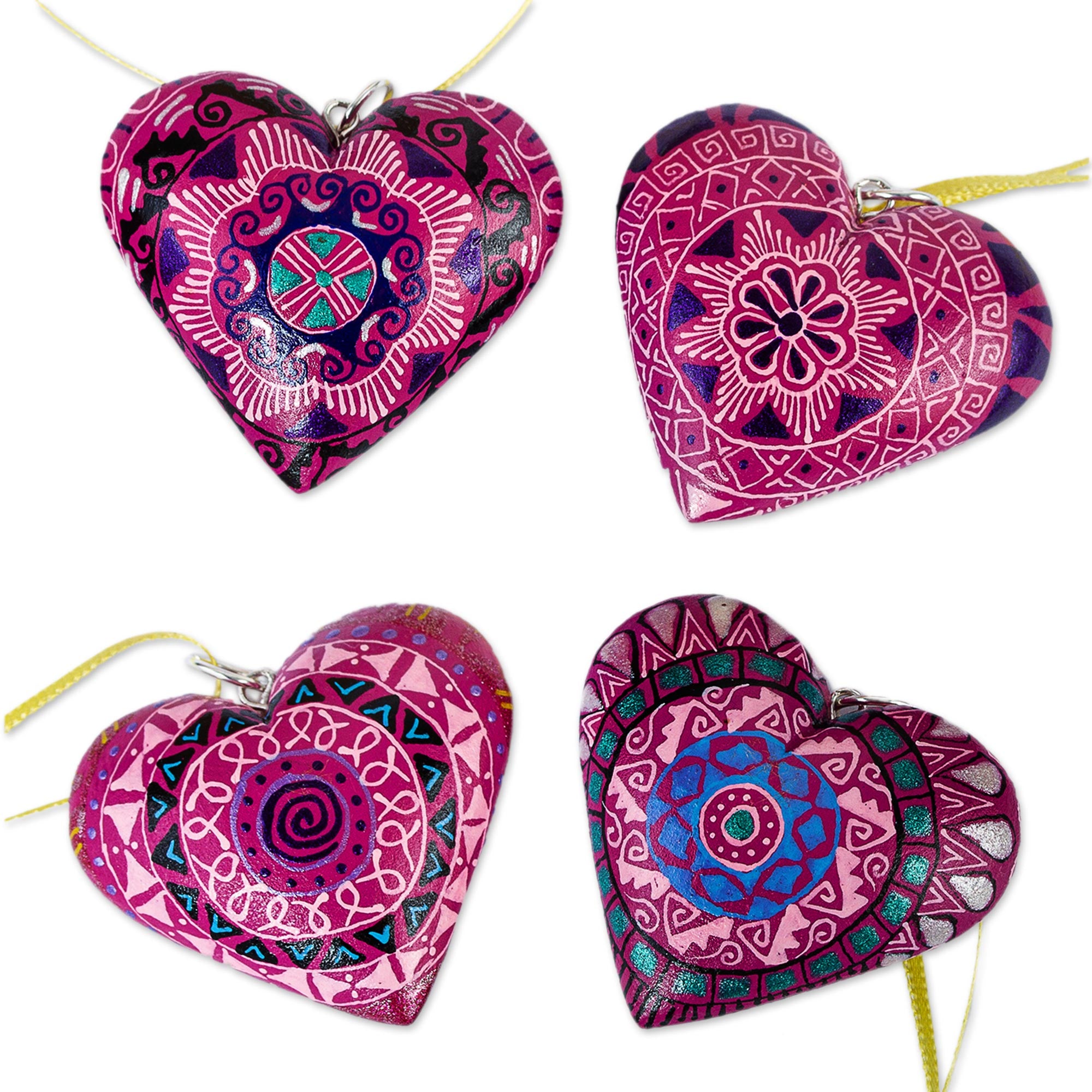 Premium Zapotec Hand-Painted Fuchsia Wood Heart Ornaments - Set of 4