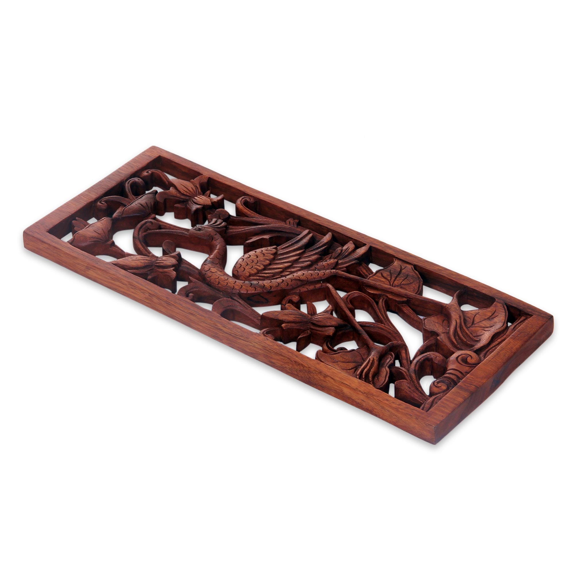 Premium Hand-Carved Lotus & Crane Suar Wood Relief Panel - Bali Artisan Signed