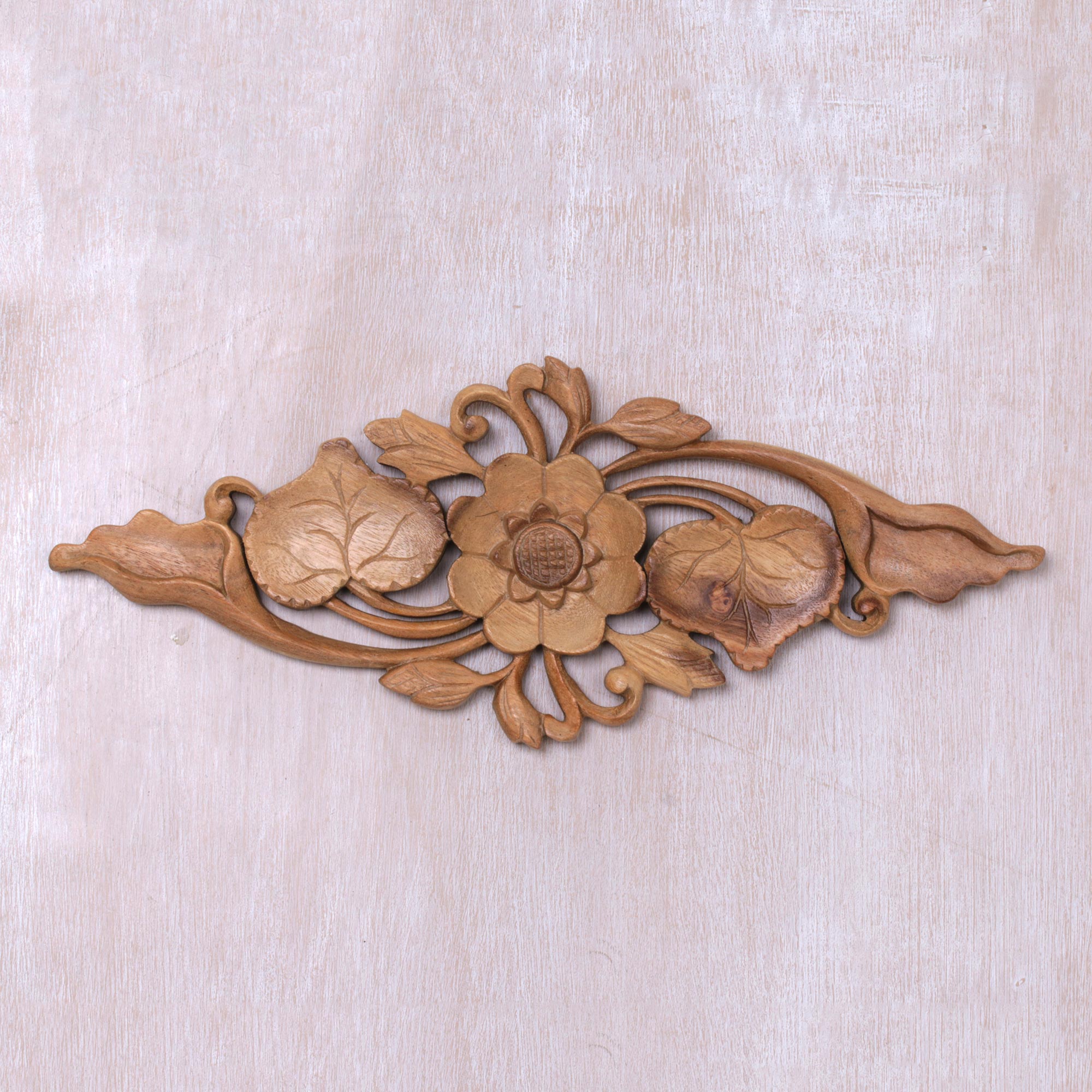 Premium Lily Love Suar Wood Wall Art - Handcrafted in Bali