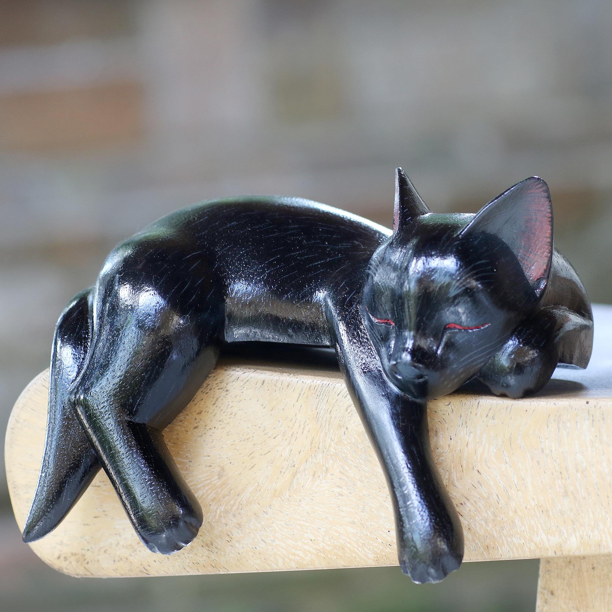 Premium Hand-Carved Black Cat Sculpture - Signed Balinese Art Piece