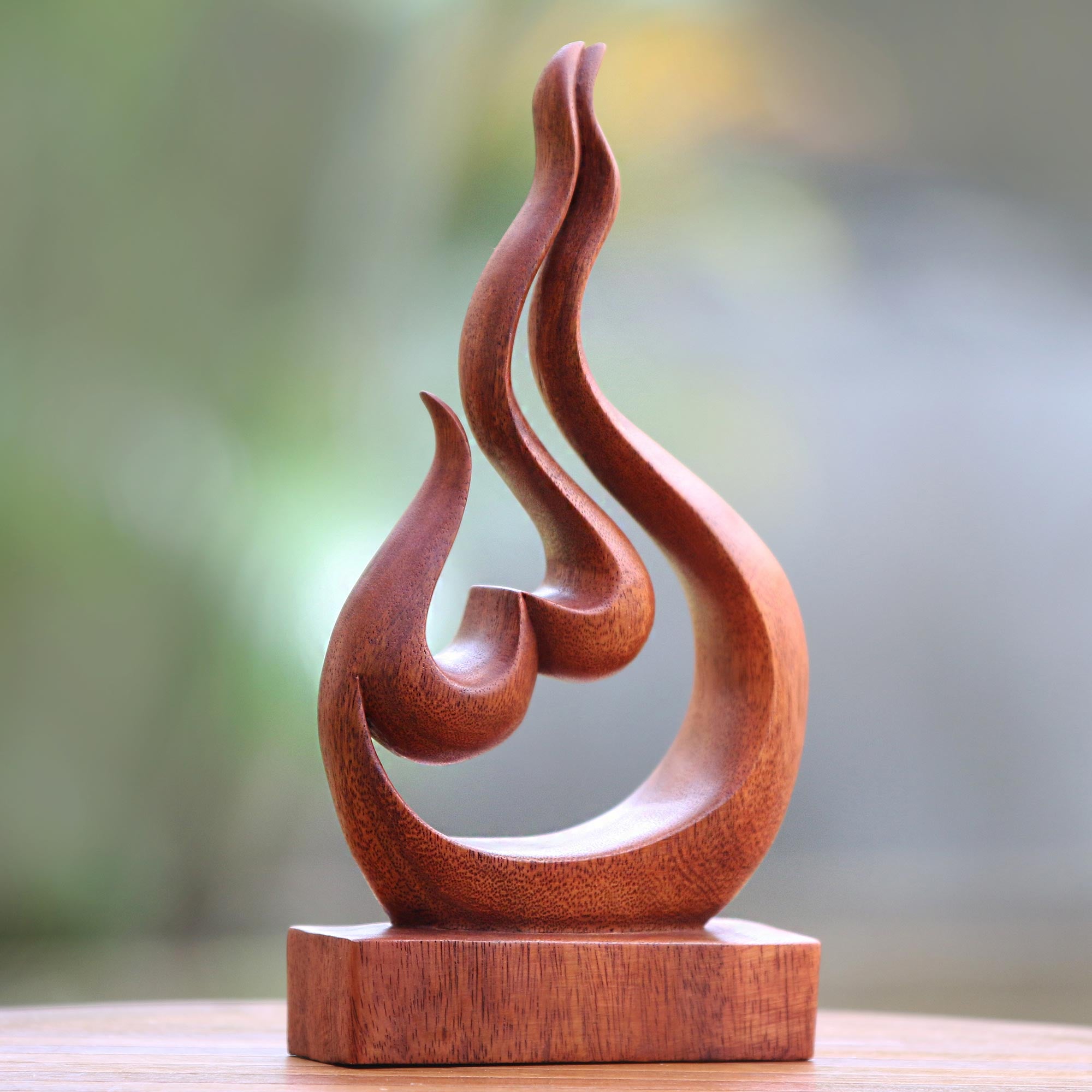 Premium Hand-Carved Suar Wood Heart & Flame Sculpture - Lover's Passion