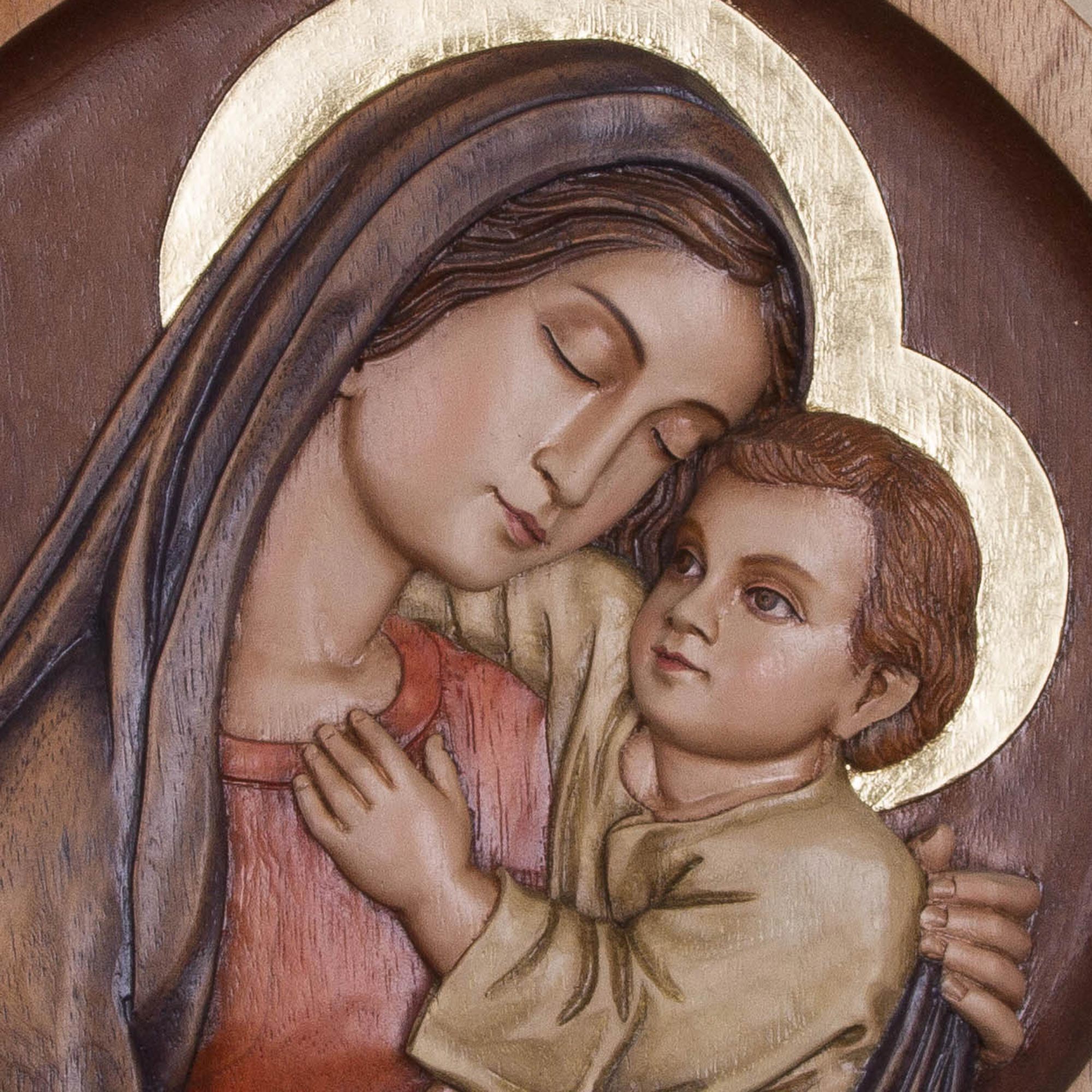 Premium Hand-Carved Mama Ashu Cedar Wood Relief Panel - Mary and Jesus from Peru
