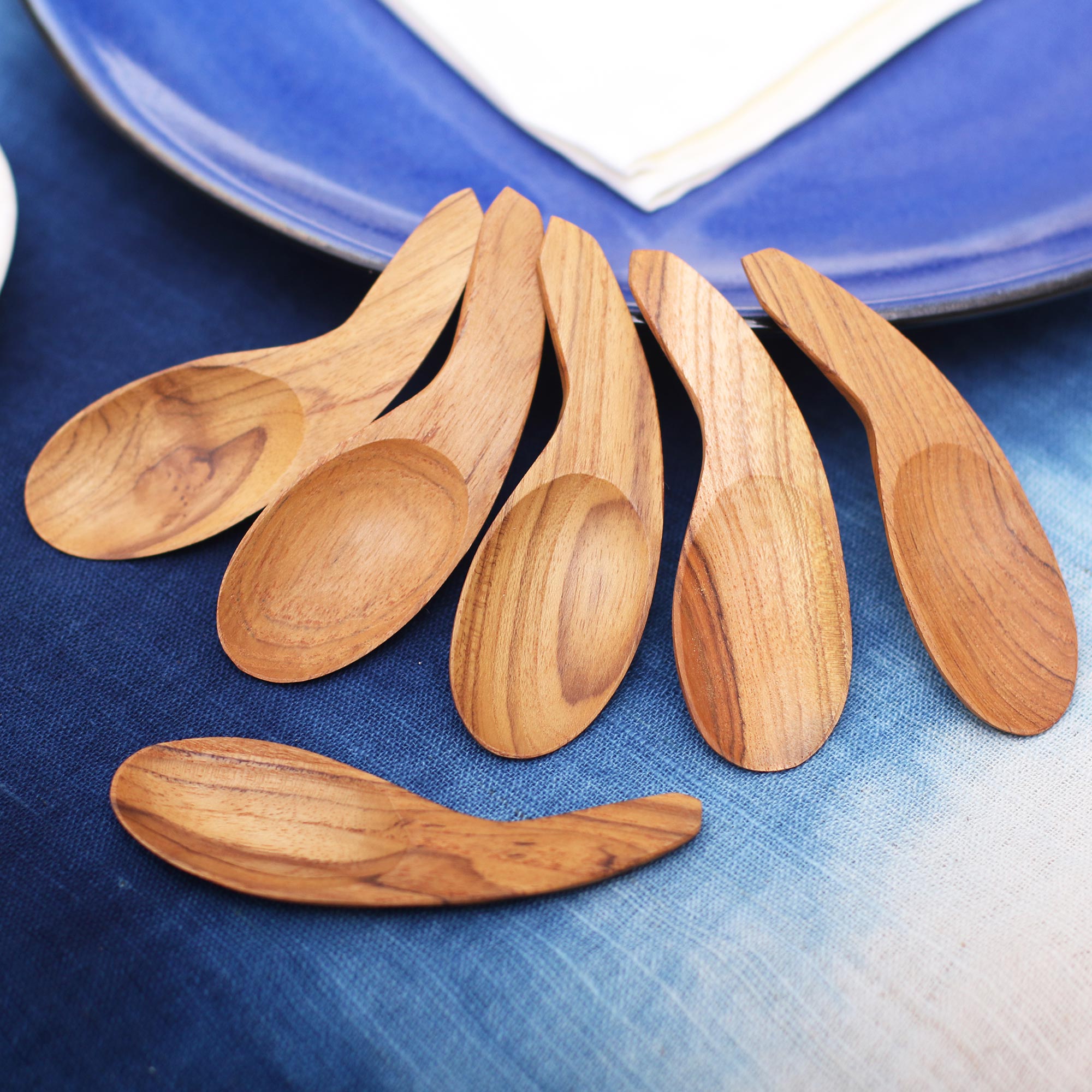 Premium Hand-Carved Teak Wood Dessert Scoops - Set of 6