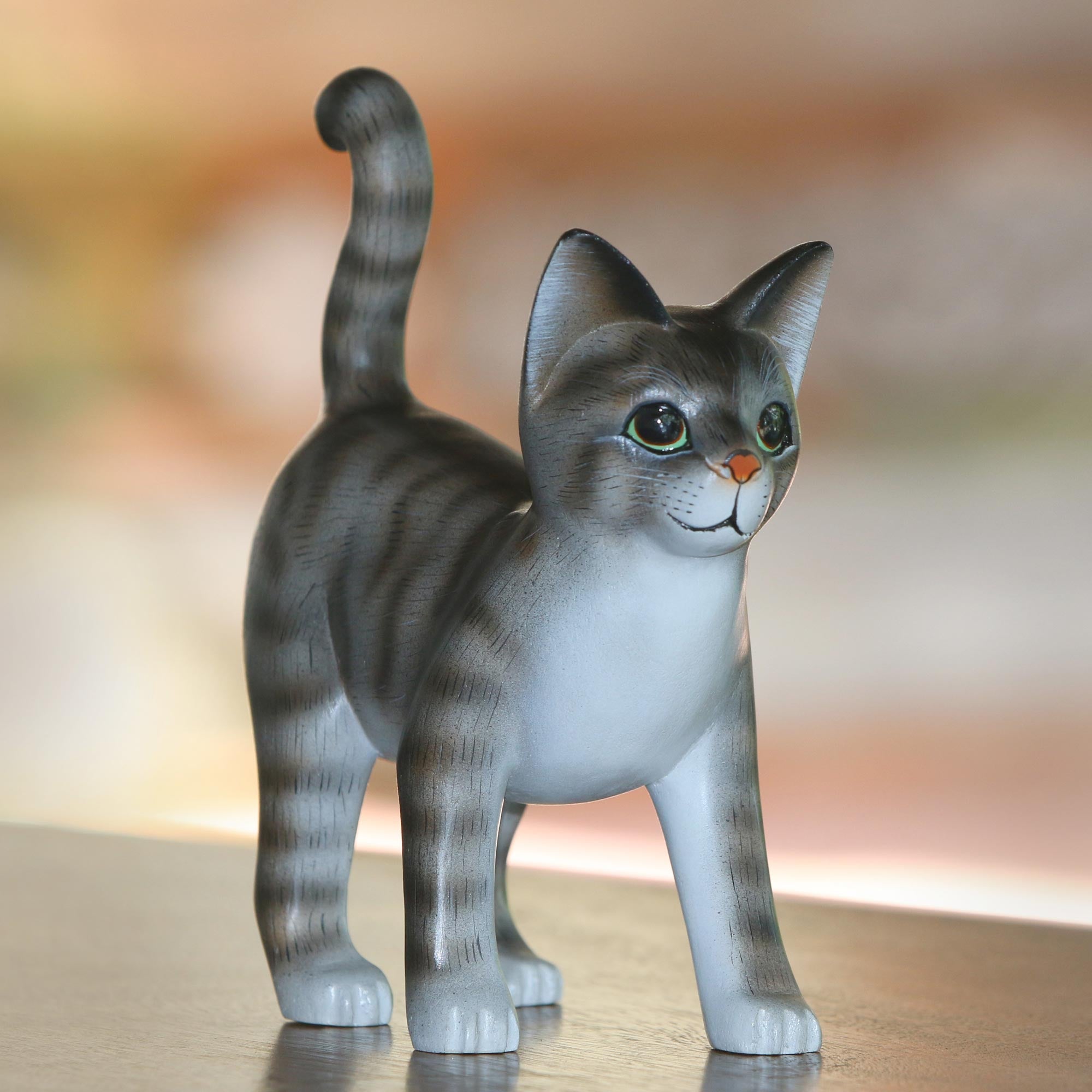 Premium Hand-Carved Balinese Kitten Sculpture in Grey & White