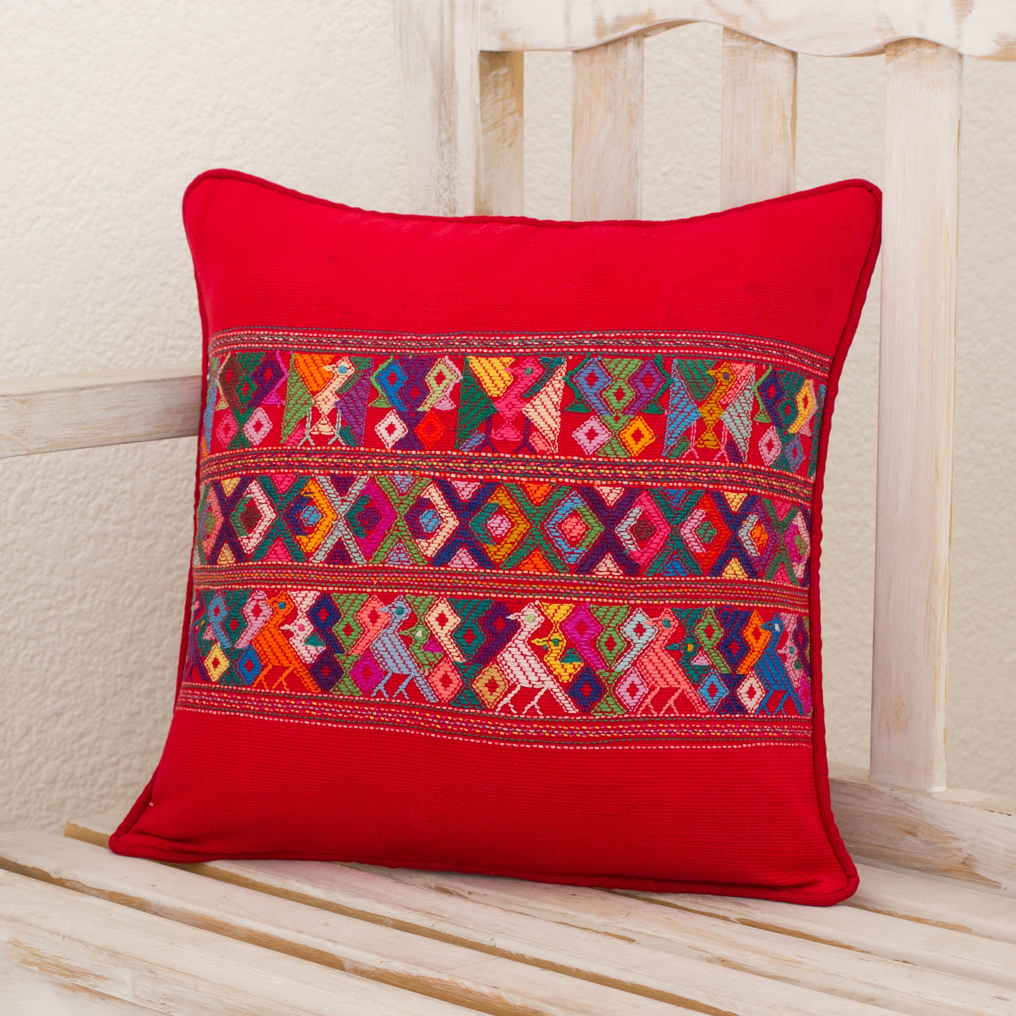 Premium Red Quiche Birds Handwoven Cotton Cushion Cover