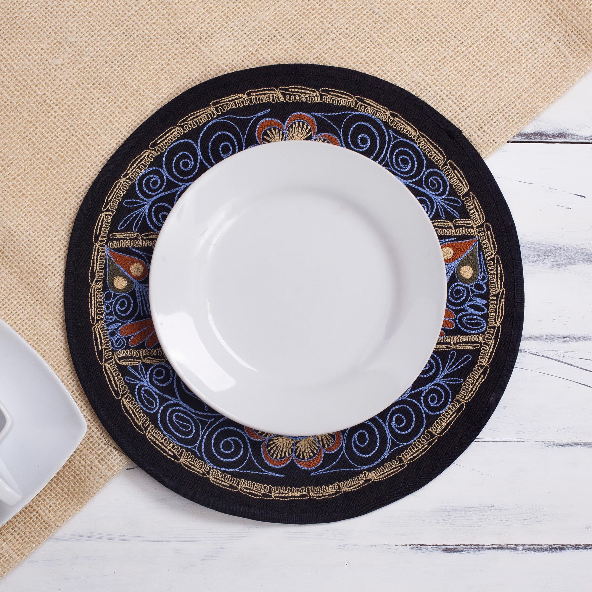 Premium Sky Blue Floral Embroidered Peruvian Placemats – Set of 4