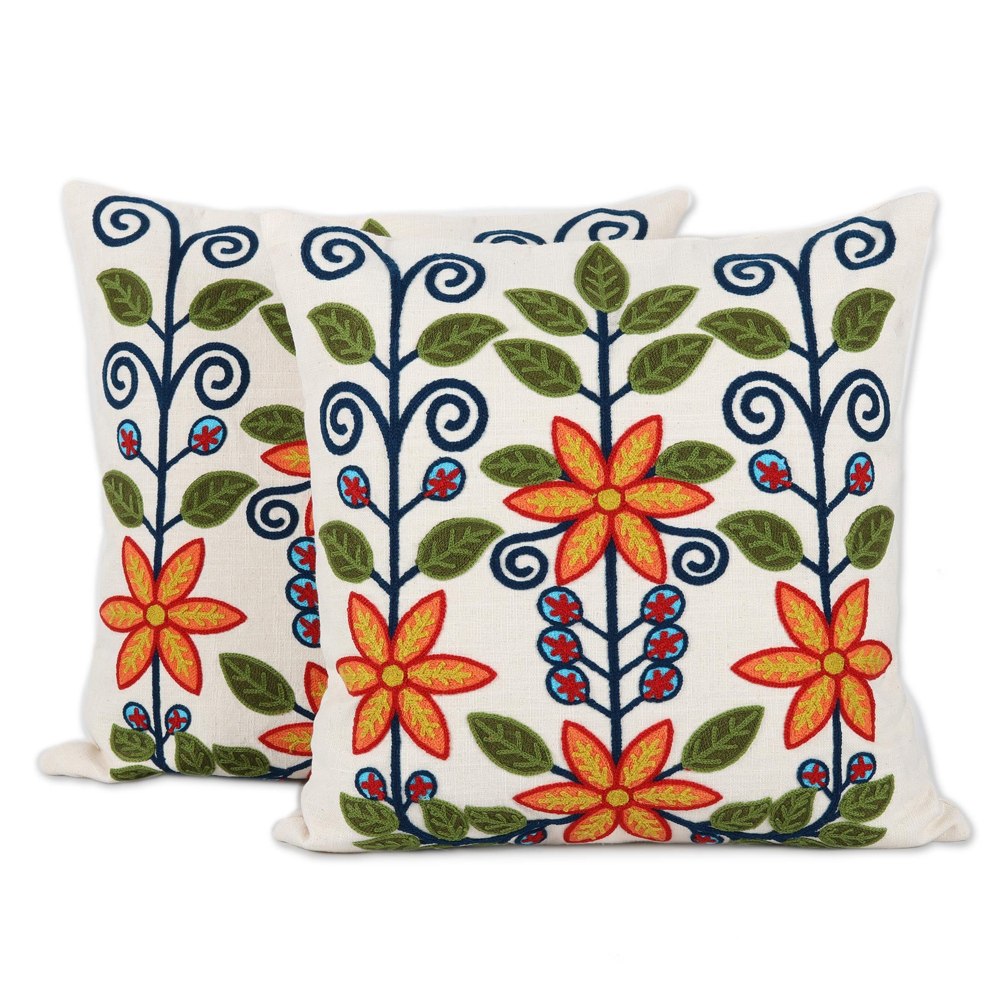 Premium Floral Embroidered Cotton Cushion Covers from India (Pair) - Upgrade Your Living Space