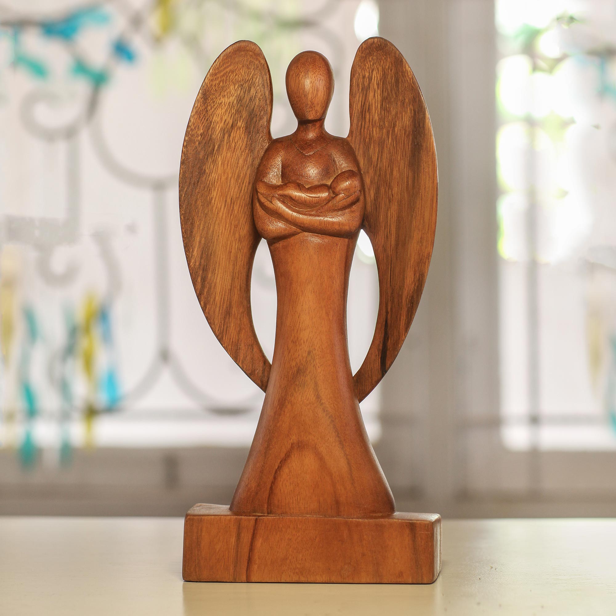 Premium Guardian Angel Hand-Carved Wood Sculpture - Angel and Baby Art Piece