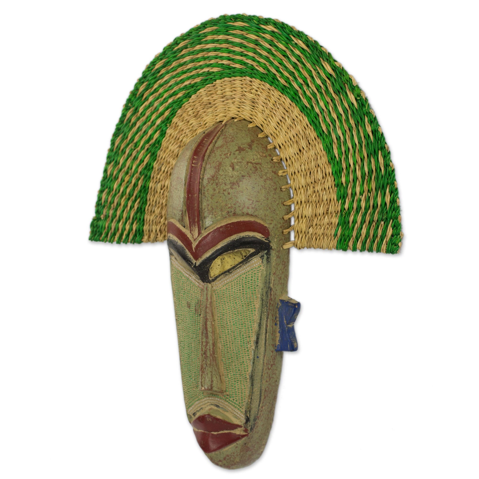 Premium Handmade African Prosperity Mask - Akuwuezuika Design with Wood & Raffia