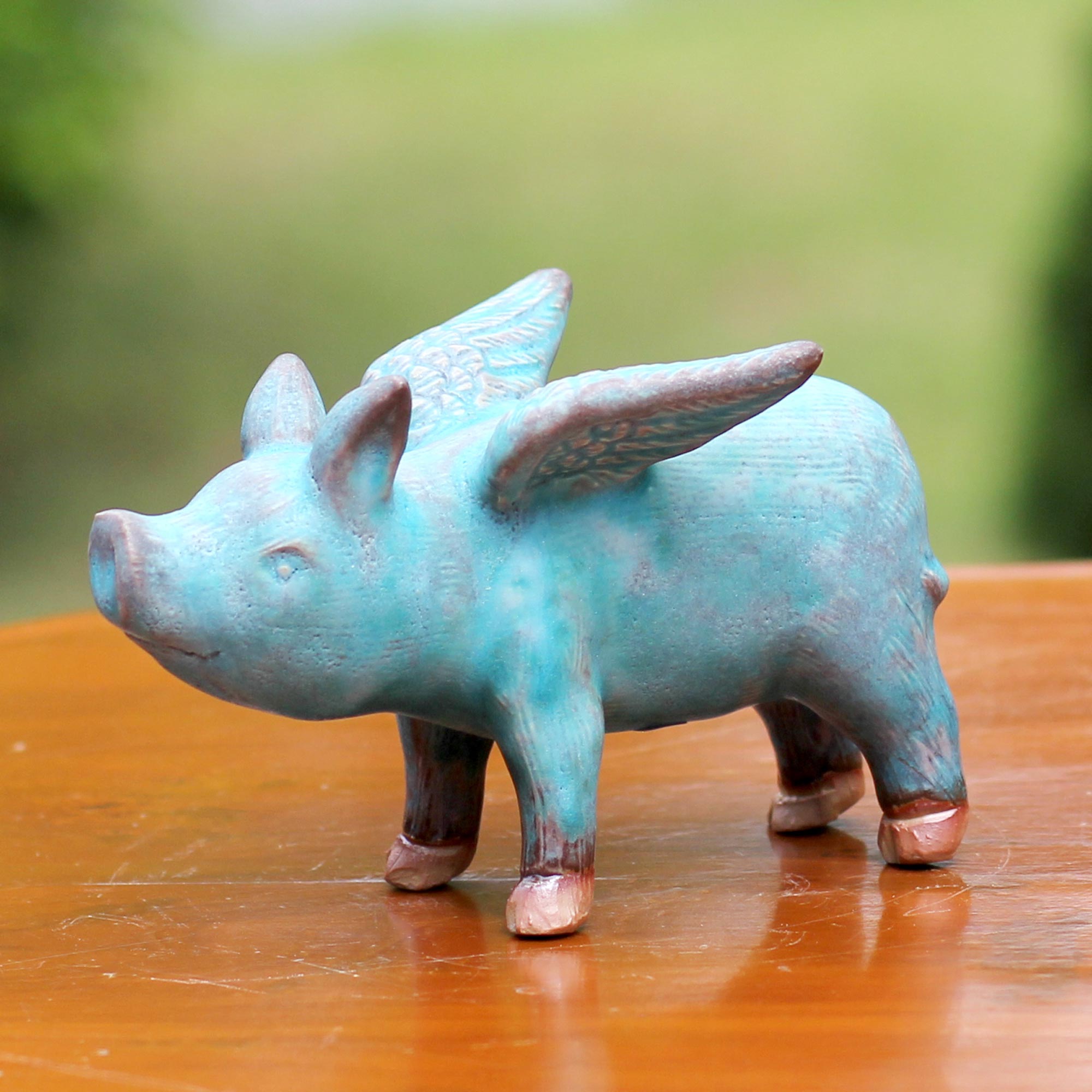 Premium Blue Flying Pig Ceramic Sculpture - Handcrafted Artisan Decor