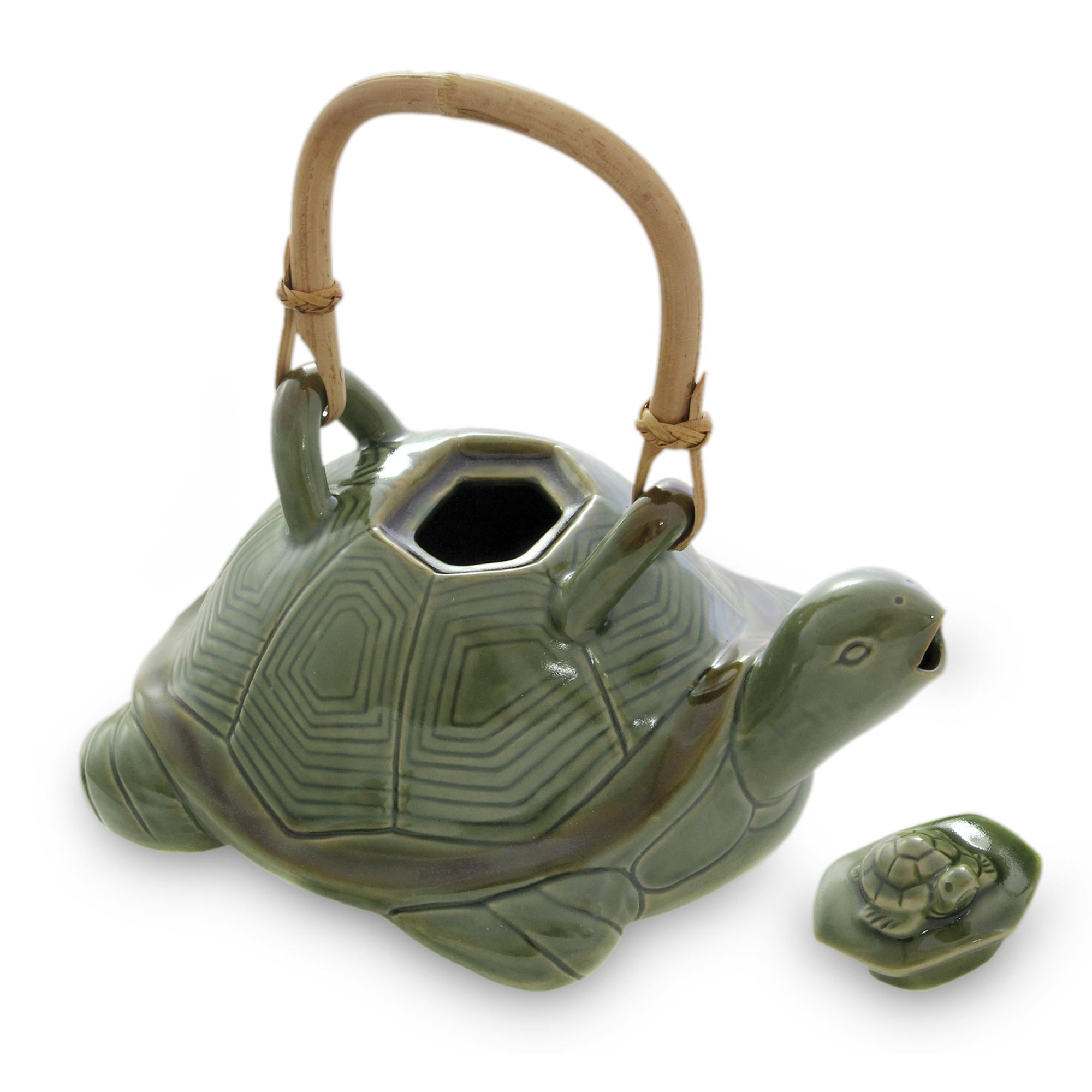 Premium Mother Sea Turtle Green Ceramic Teapot with Rattan Handle - Upgrade Your Tea Ritual