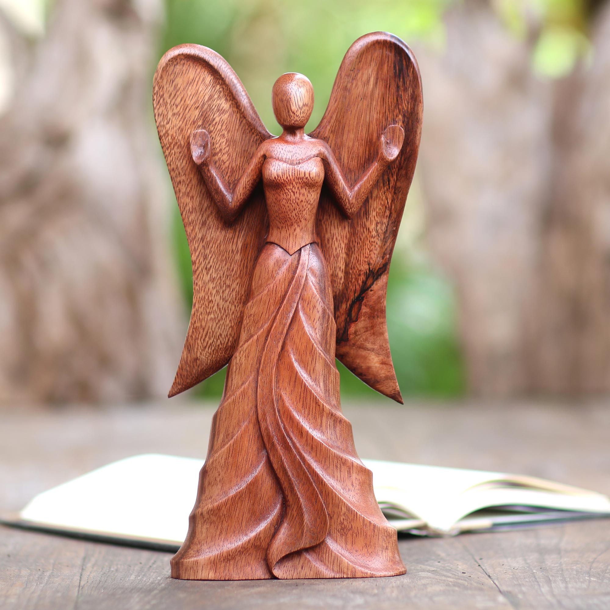 Premium Hand-Carved Suar Wood Angel Statuette by Nyoman Sudiana