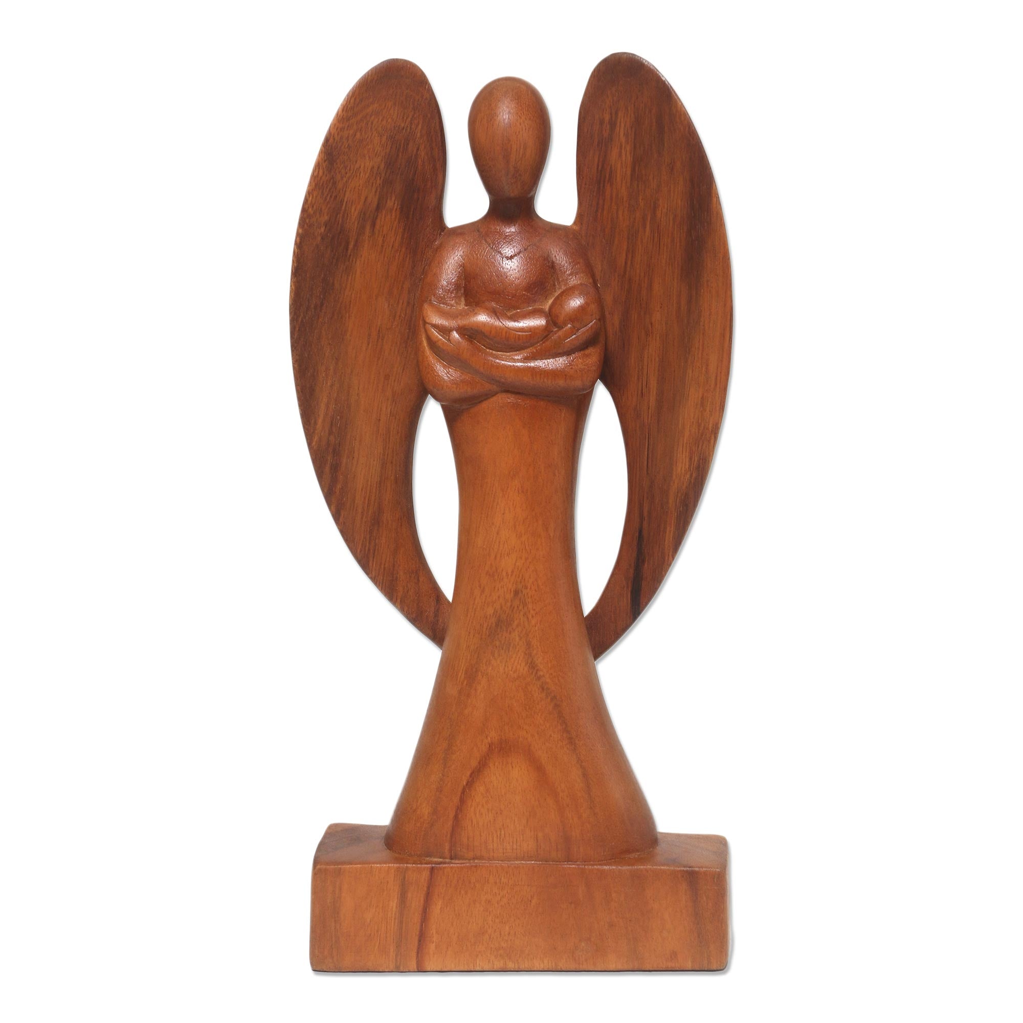 Premium Guardian Angel Hand-Carved Wood Sculpture - Angel and Baby Art Piece