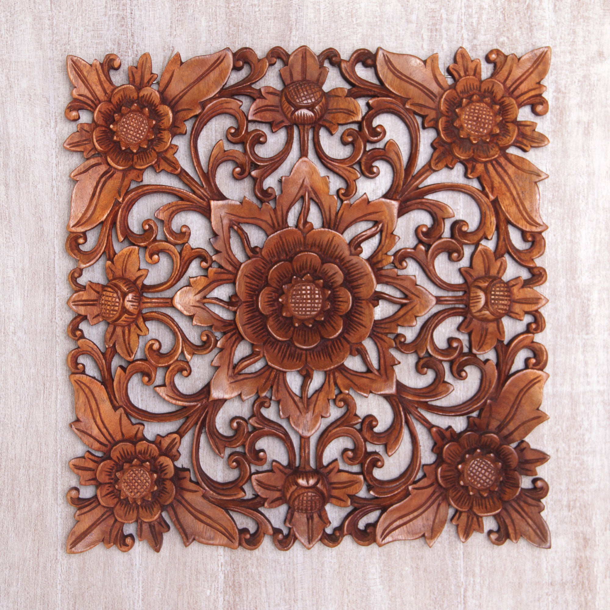 Premium Hand-Carved Suar Wood Floral Wall Art Panel