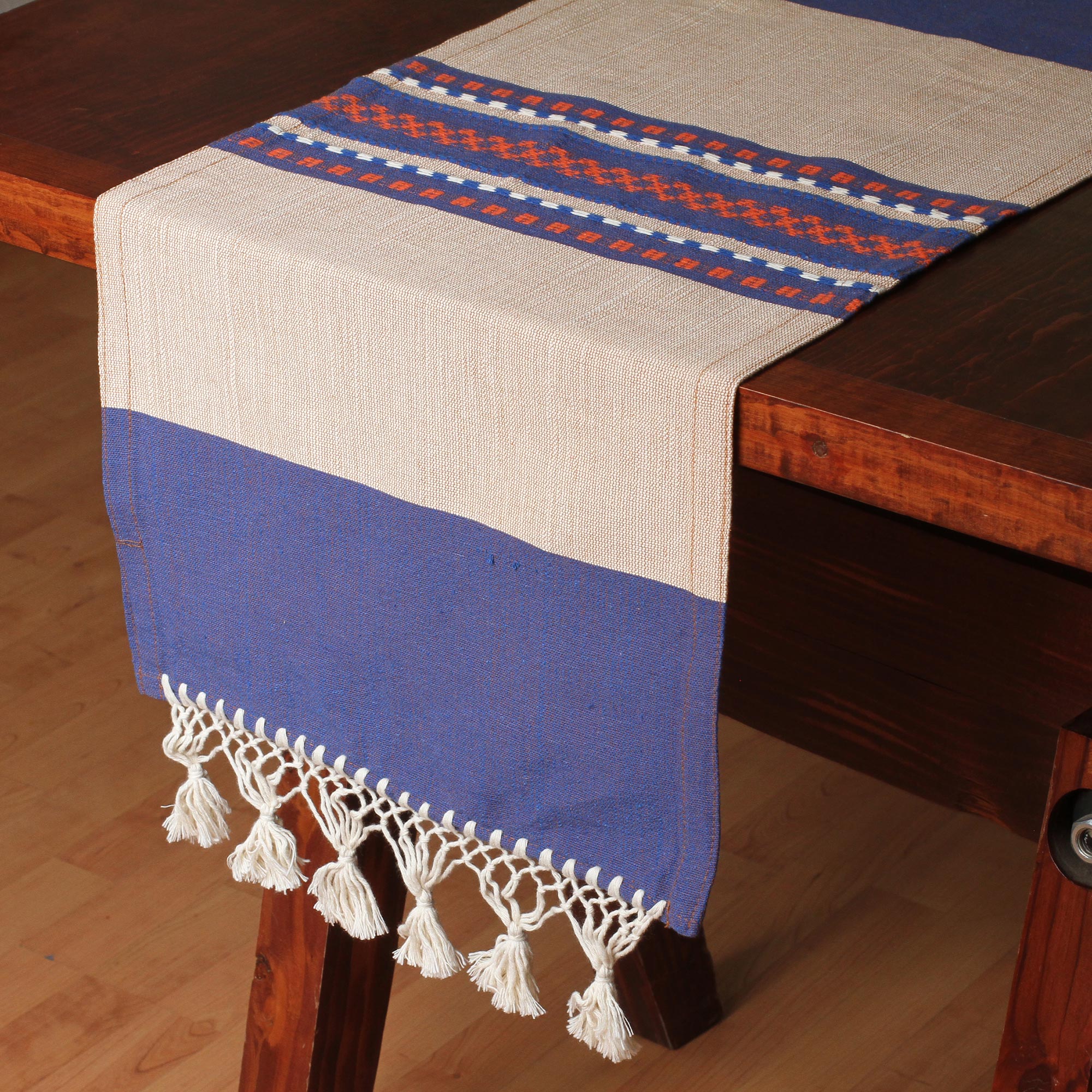 Premium Blue-Violet & Beige Handwoven Cotton-Silk Table Runner