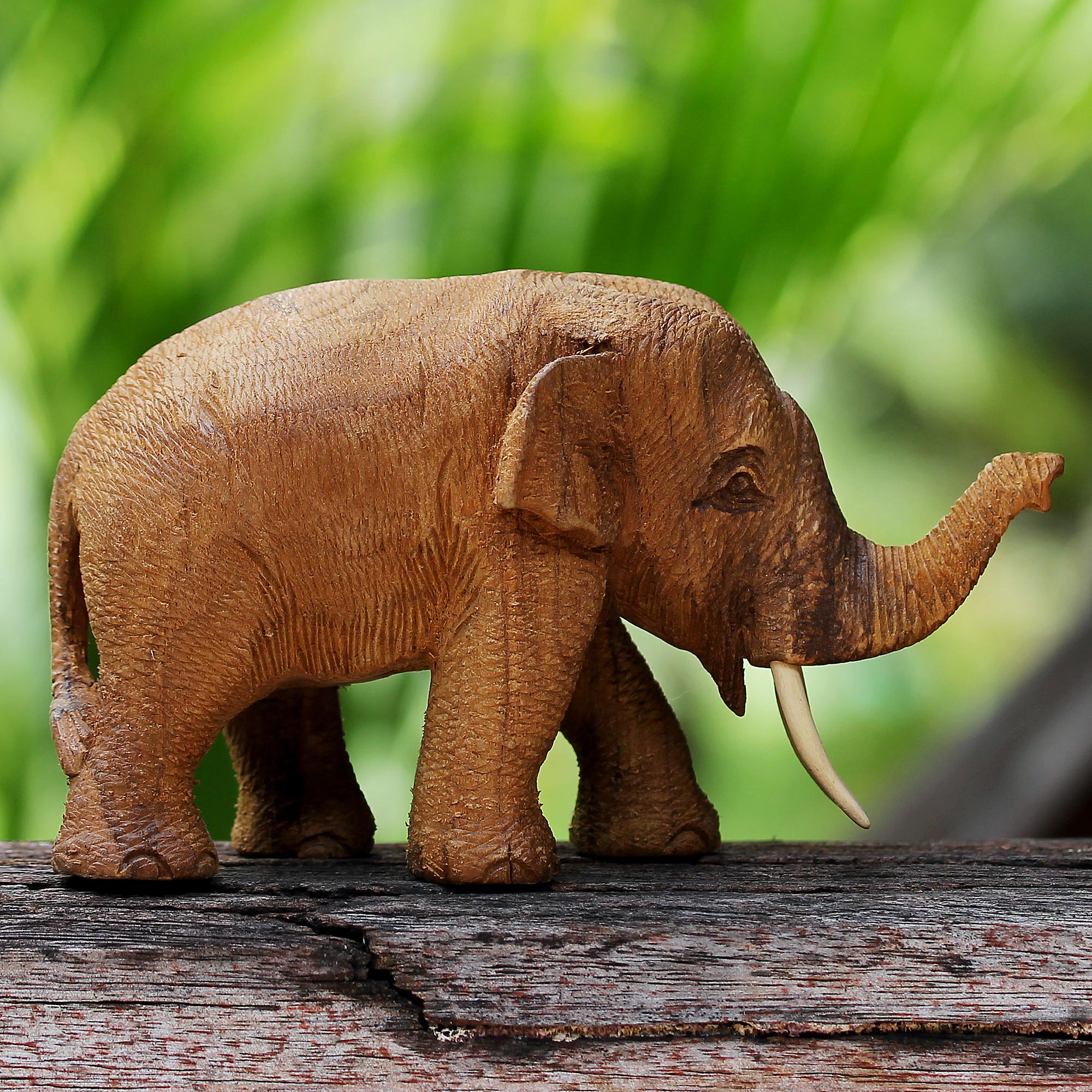 Premium Hand-Carved Thai Teak Wood Elephant Sculpture - Rustic Elegance