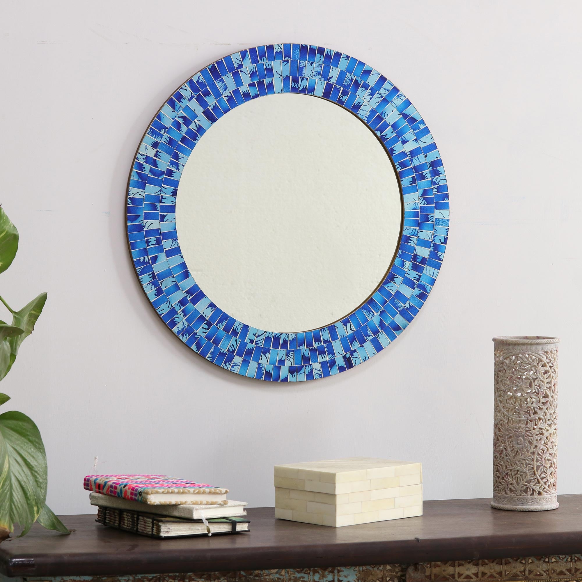 Premium Tropical Fusion Handcrafted Glass Tile Round Wall Mirror - Ultimate Boho Decor