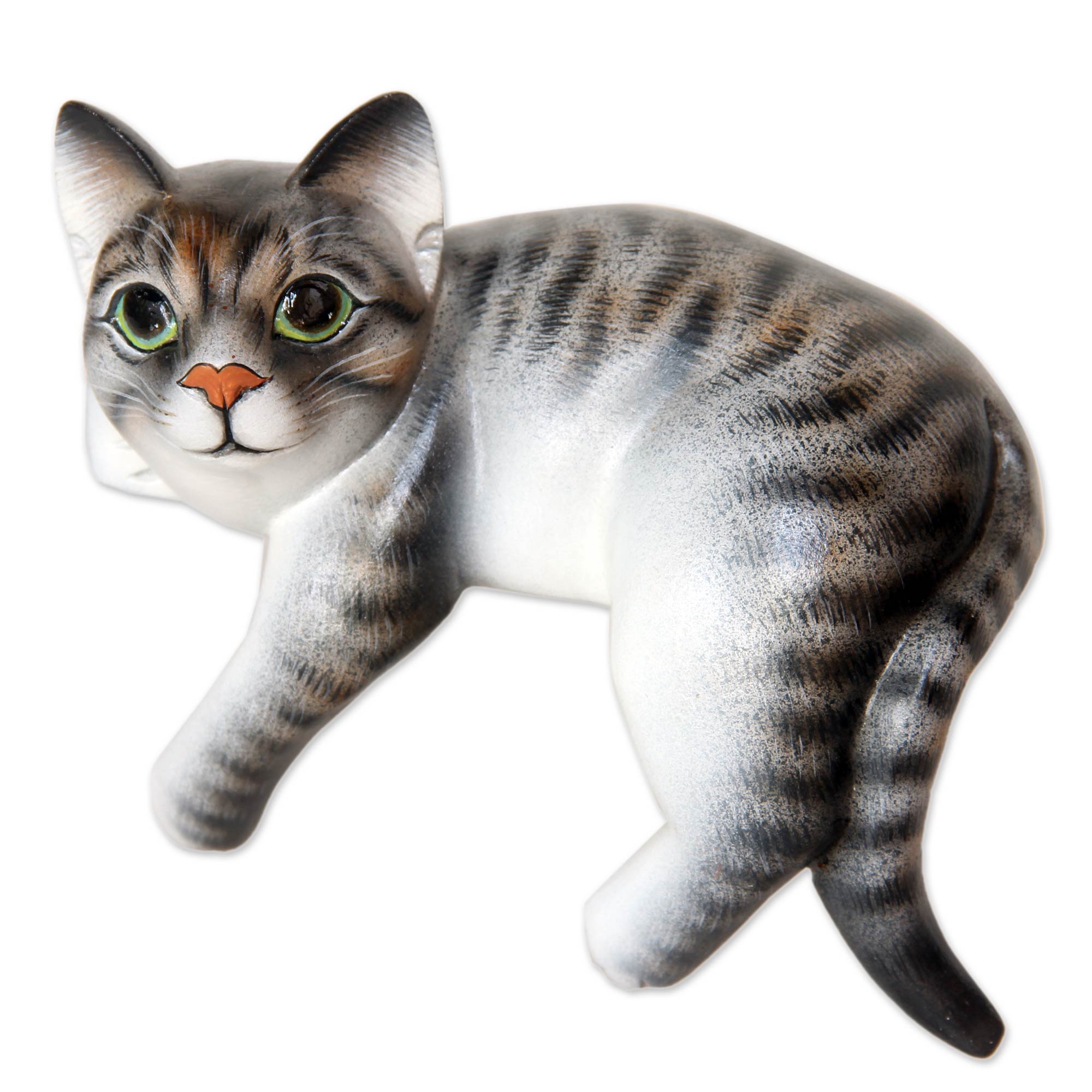 Premium Balinese Tabby Cat Sculpture - Handcrafted Wood Art