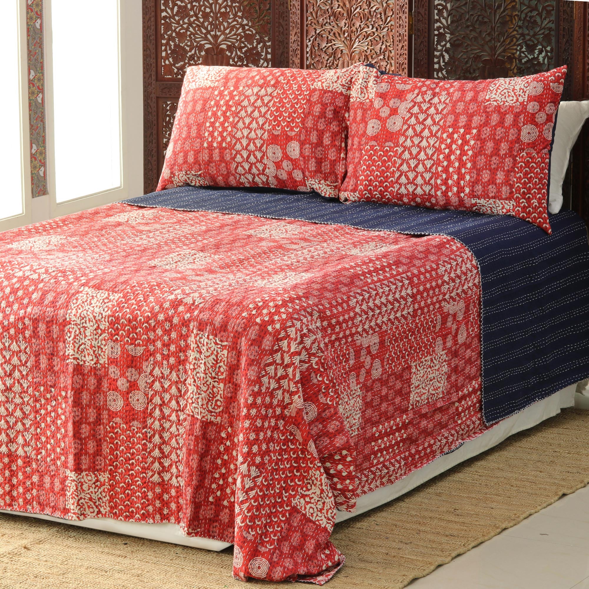 Premium Red Kantha Stitch Cotton Bedding Set – Ultimate Comfort from India (3 Pcs)