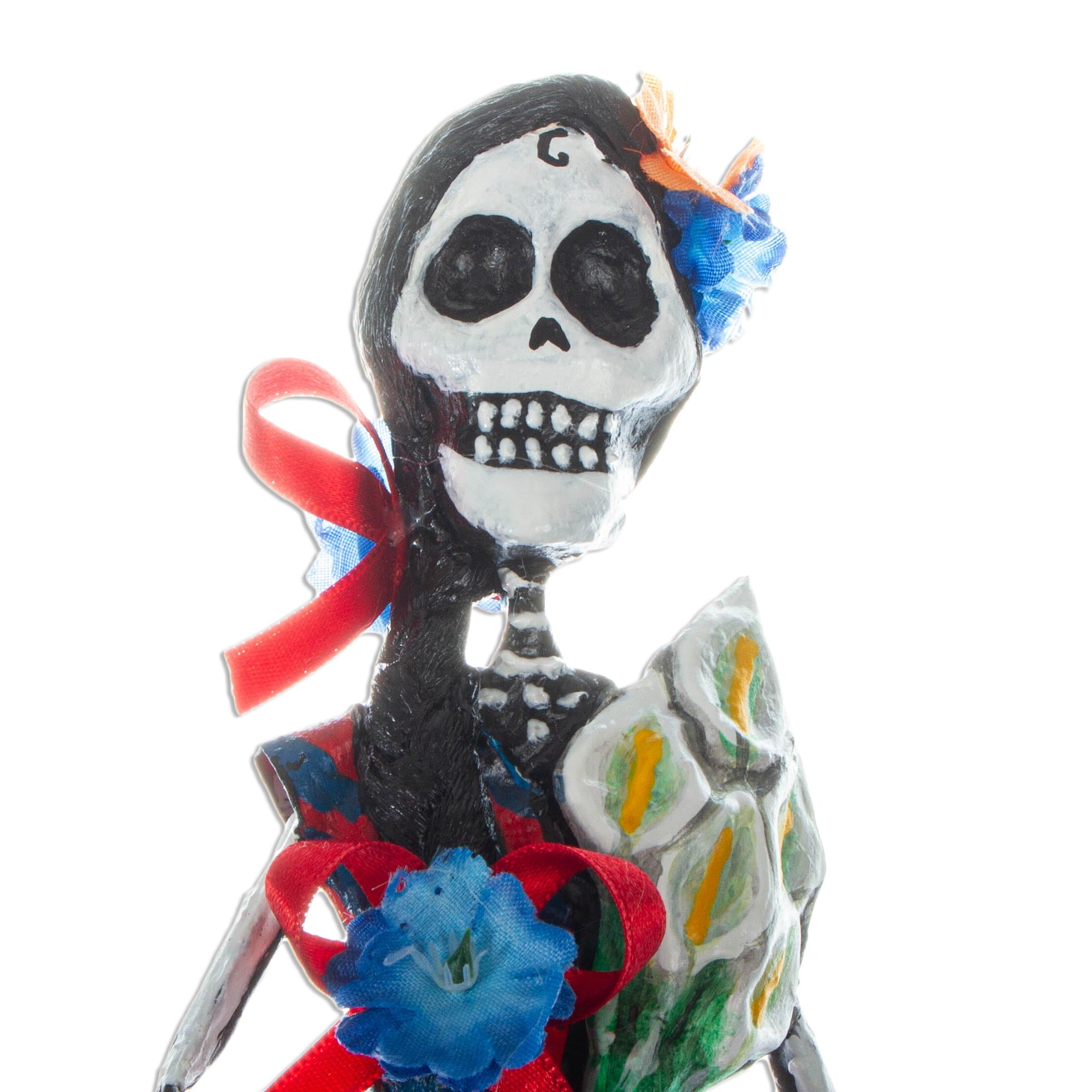 Premium Mexican Catrina Statuette with Lilies - Handcrafted Papier Mache Art