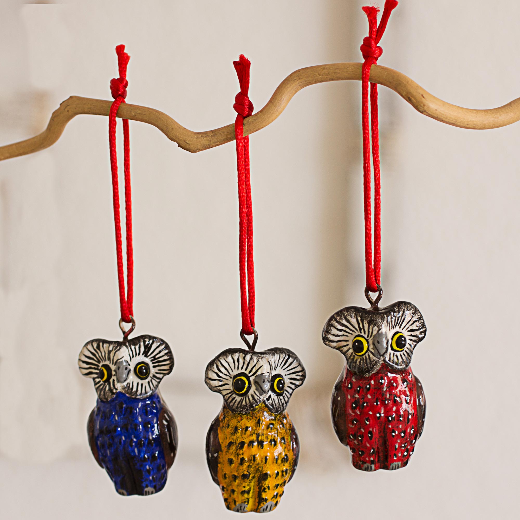 Premium Handcrafted Ceramic Owl Ornaments - Set of 6, Inspired by Tikal