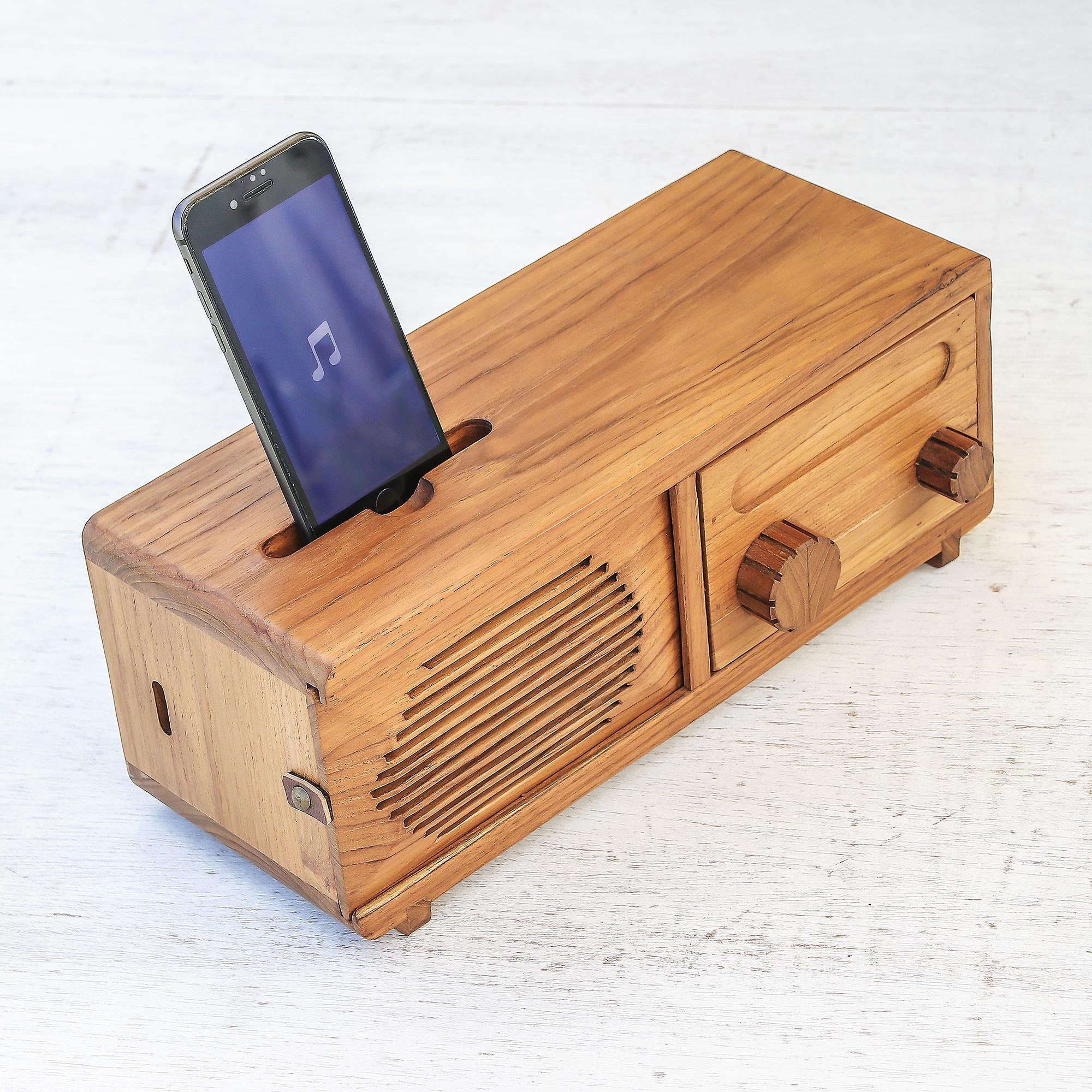 Premium Vintage Radio Phone Speaker - Handcrafted Teak Wood Design