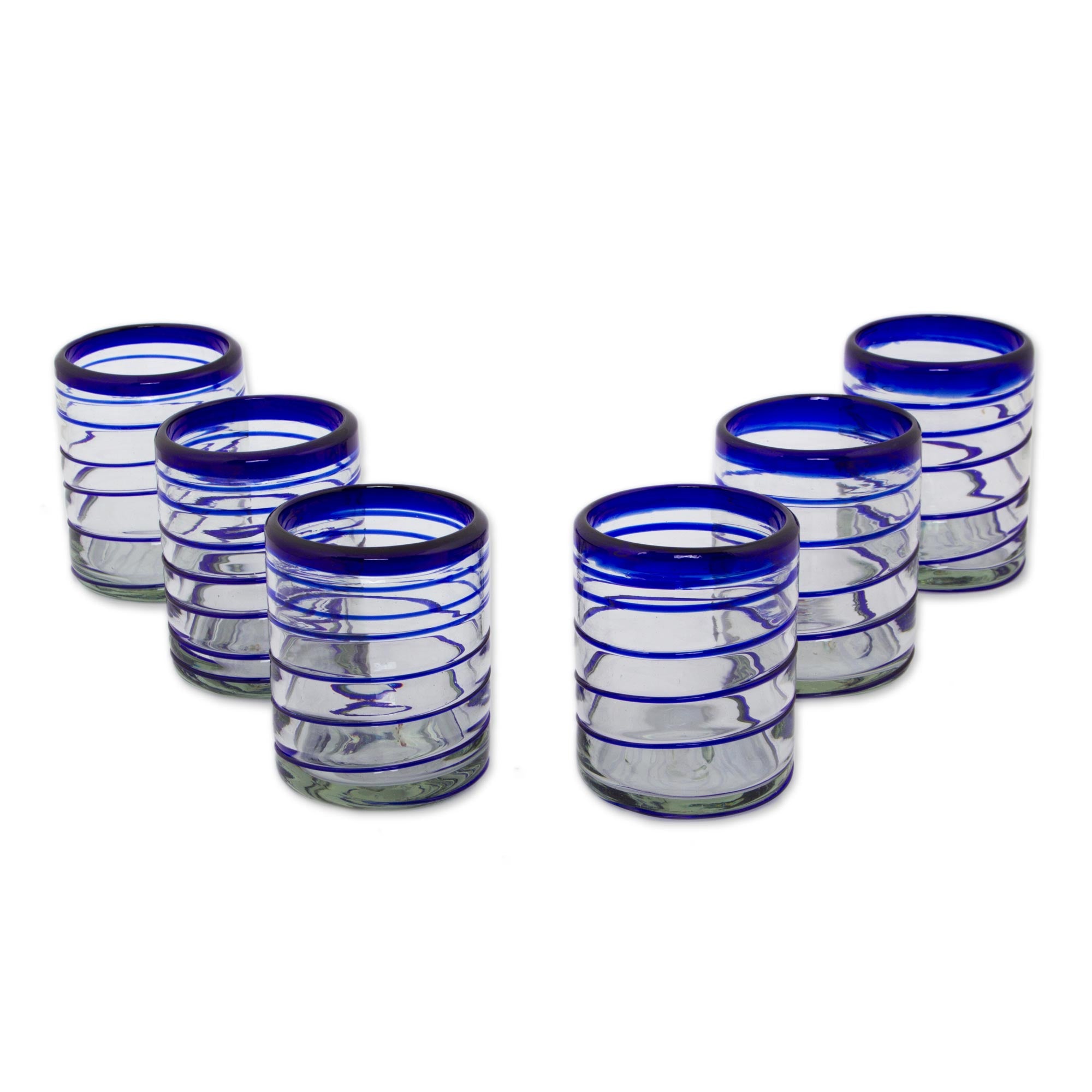 Premium Hand-Blown Recycled Glass Cobalt Spiral Rocks Glasses - Set of 6