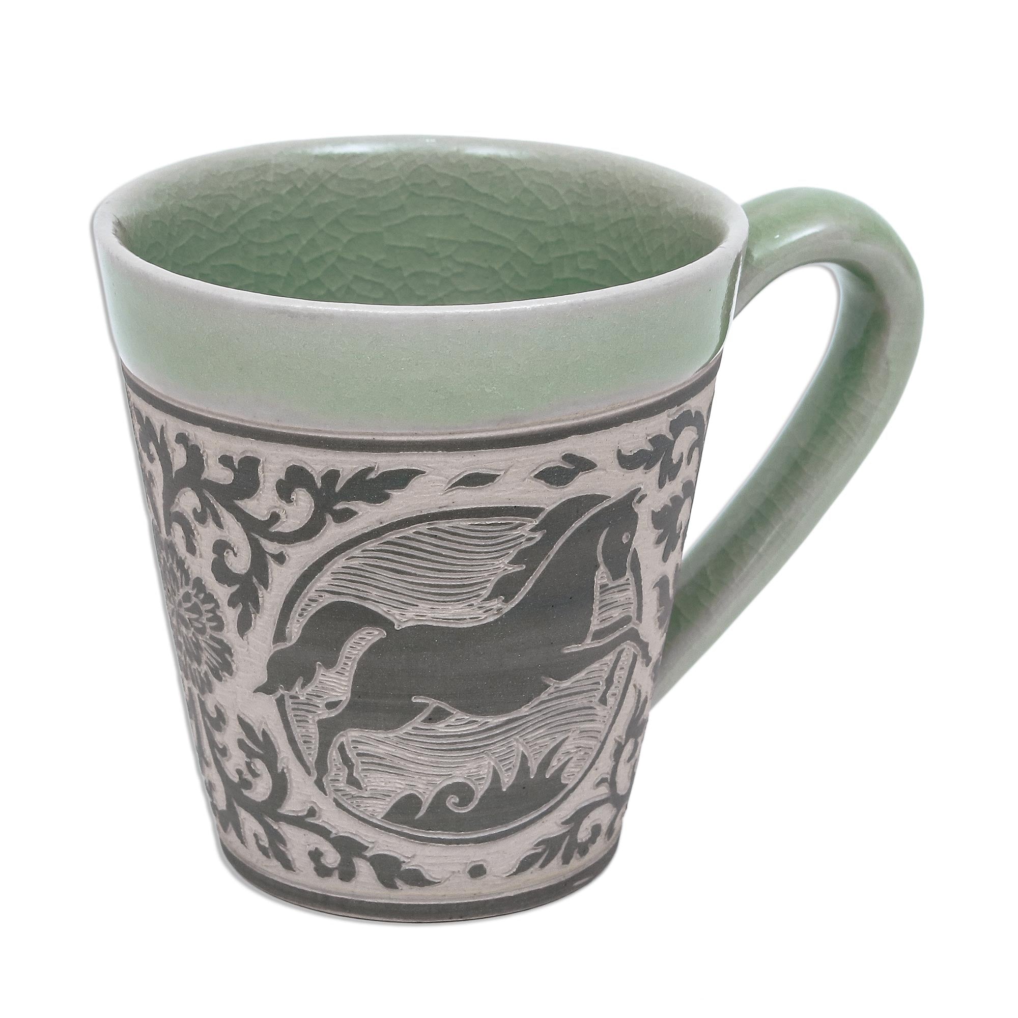 Premium Thai Celadon Horse Ceramic Mug - Handcrafted Artisan Design