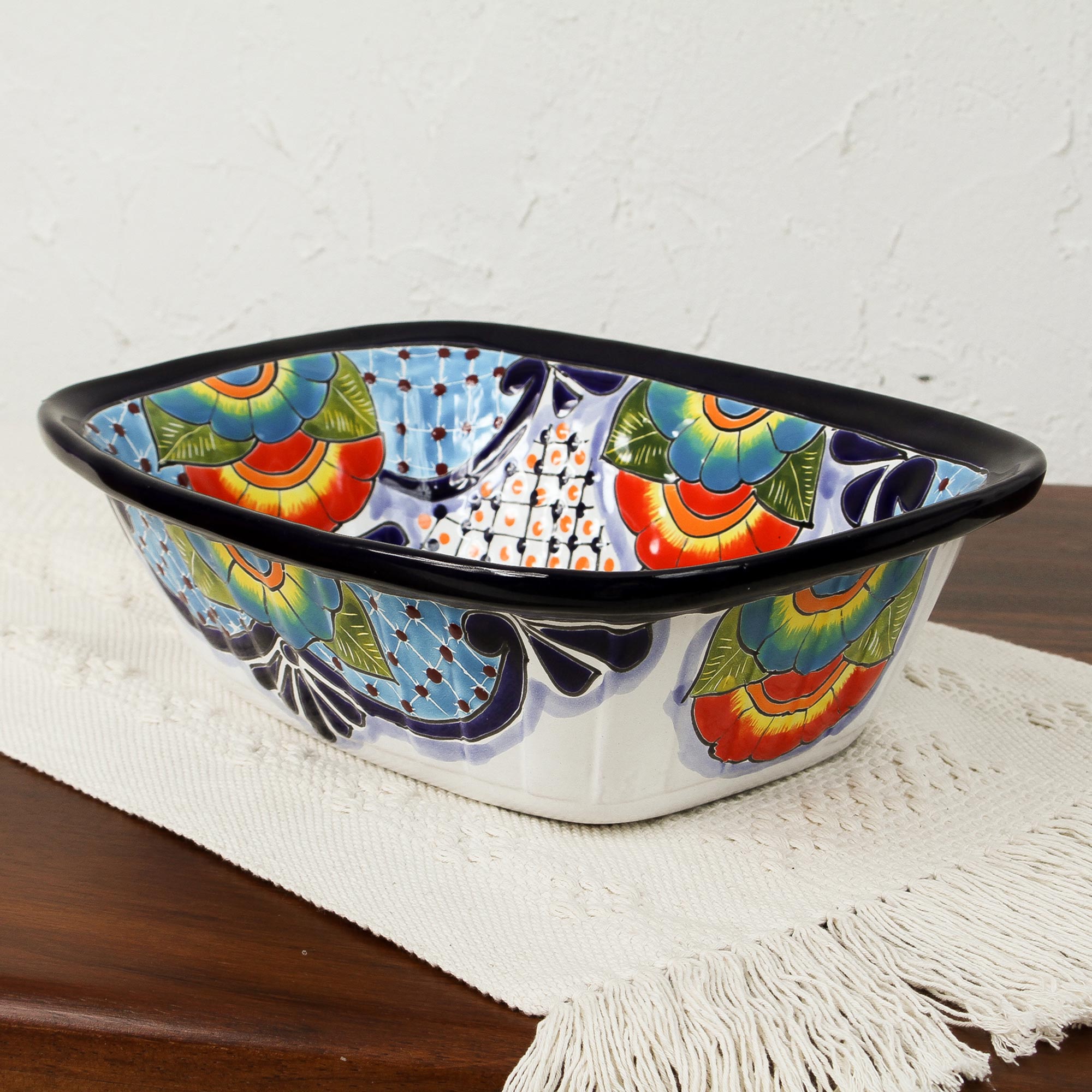 Premium Hand-Painted Talavera Ceramic Serving Bowl - Raining Flowers Design