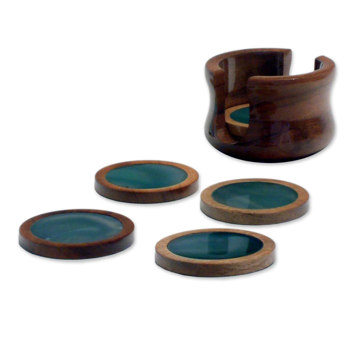 Premium Amazon Emerald Coaster Set - Handcrafted Green Agate & Cedar Wood